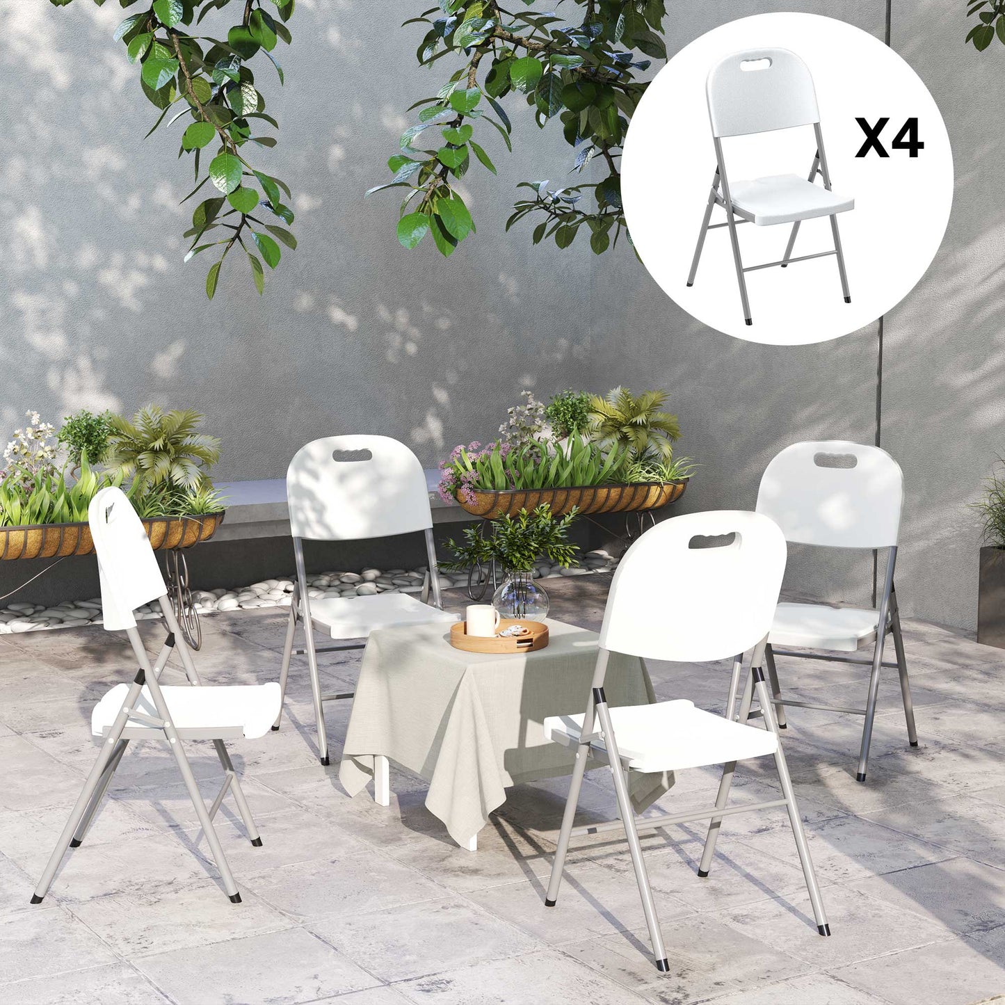Outsunny Set Of Four Foldable Outdoor Chairs White Powder Coated Steel Frame With Carry Handles