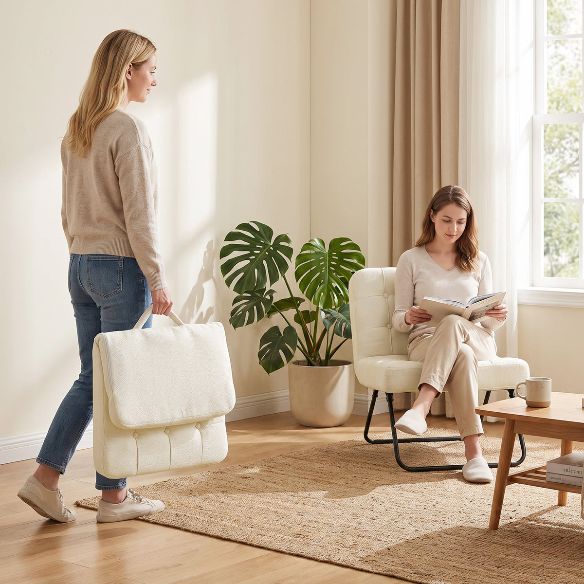 Cream foldable lounge chair with tufted back, black metal base, and padded seat.