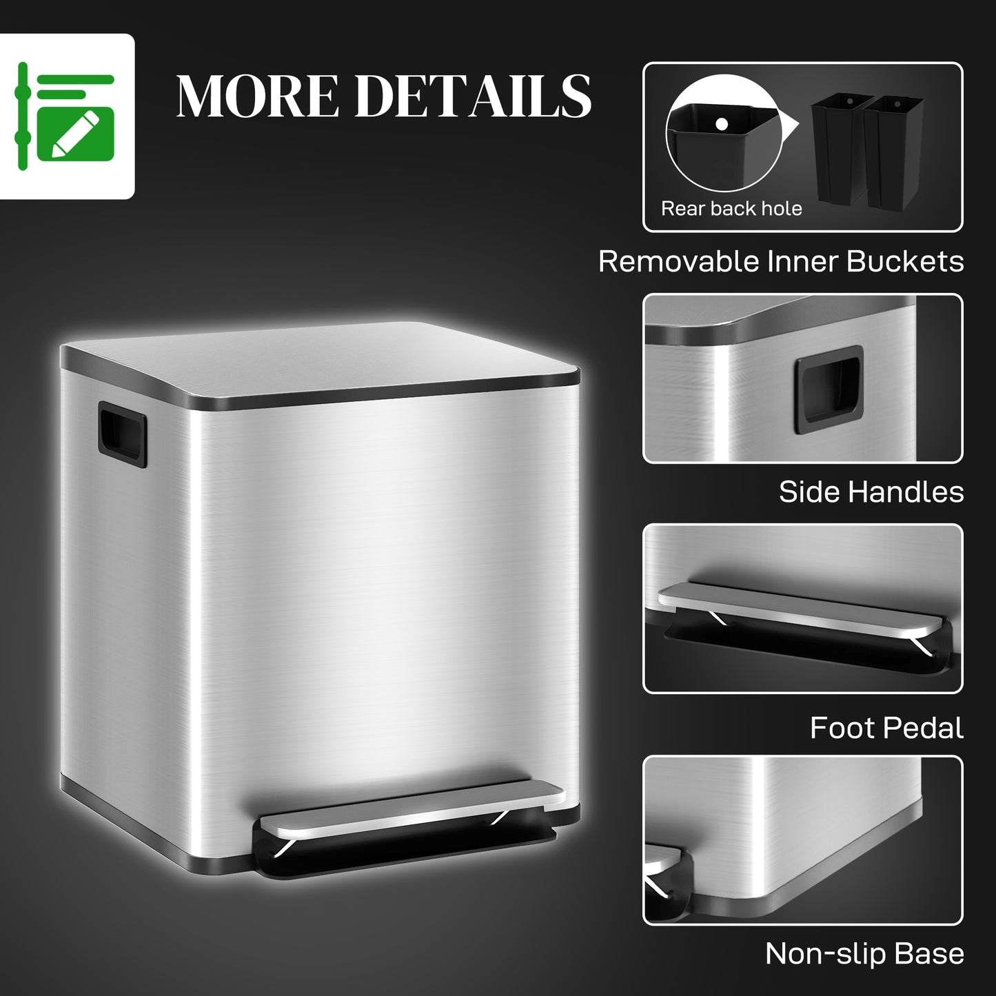 Homcom 30L Dual Compartment Stainless Steel Bin With Deodoriser Holders Silver Tone