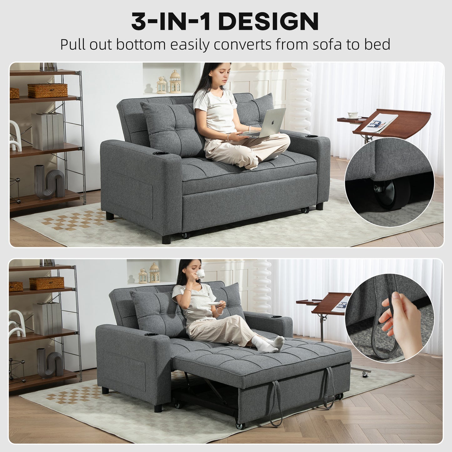 HOMCOM Two Seater Pull Out Sofa Bed Charcoal Grey Adjustable Back Linen Look Upholstery