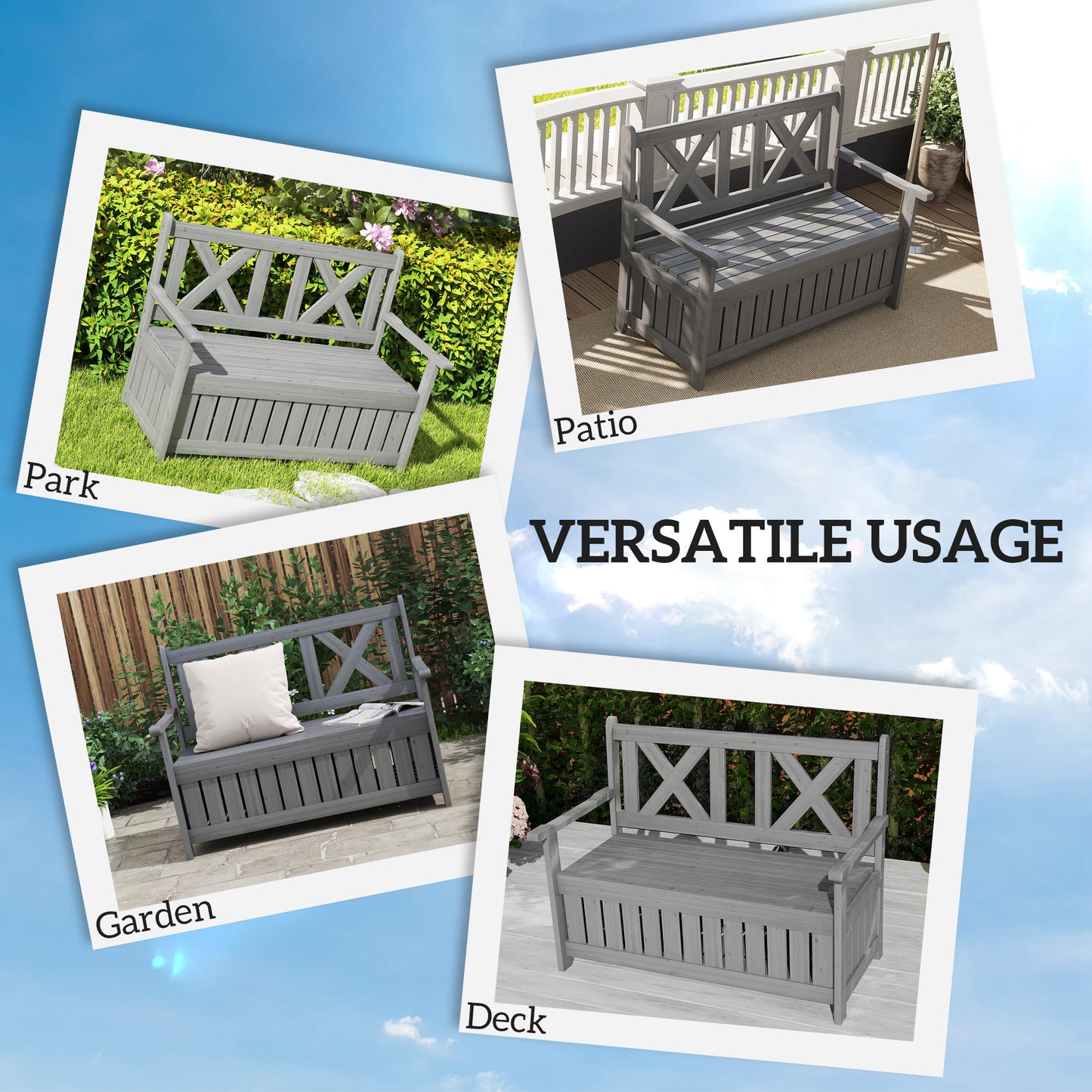 Outsunny 2 Seater Garden Storage Bench Charcoal Grey For Patio Porch Wood Outdoor Seating