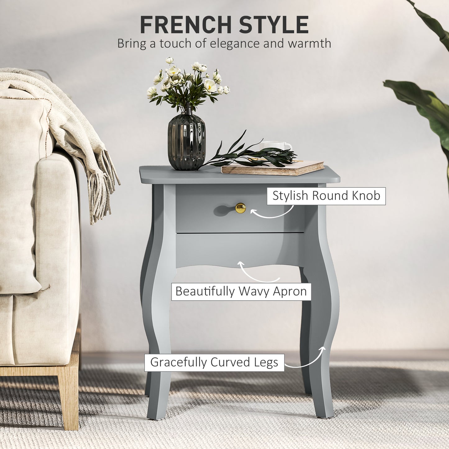 HOMCOM French Style Side Table With Drawer In Grey Curved Silhouette Gold Tone Handle MDF