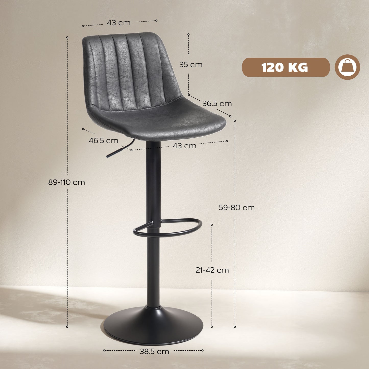HOMCOM Set Of 2 Leathaire Tub Bar Stools Charcoal Grey Swivel Adjustable Height Modern