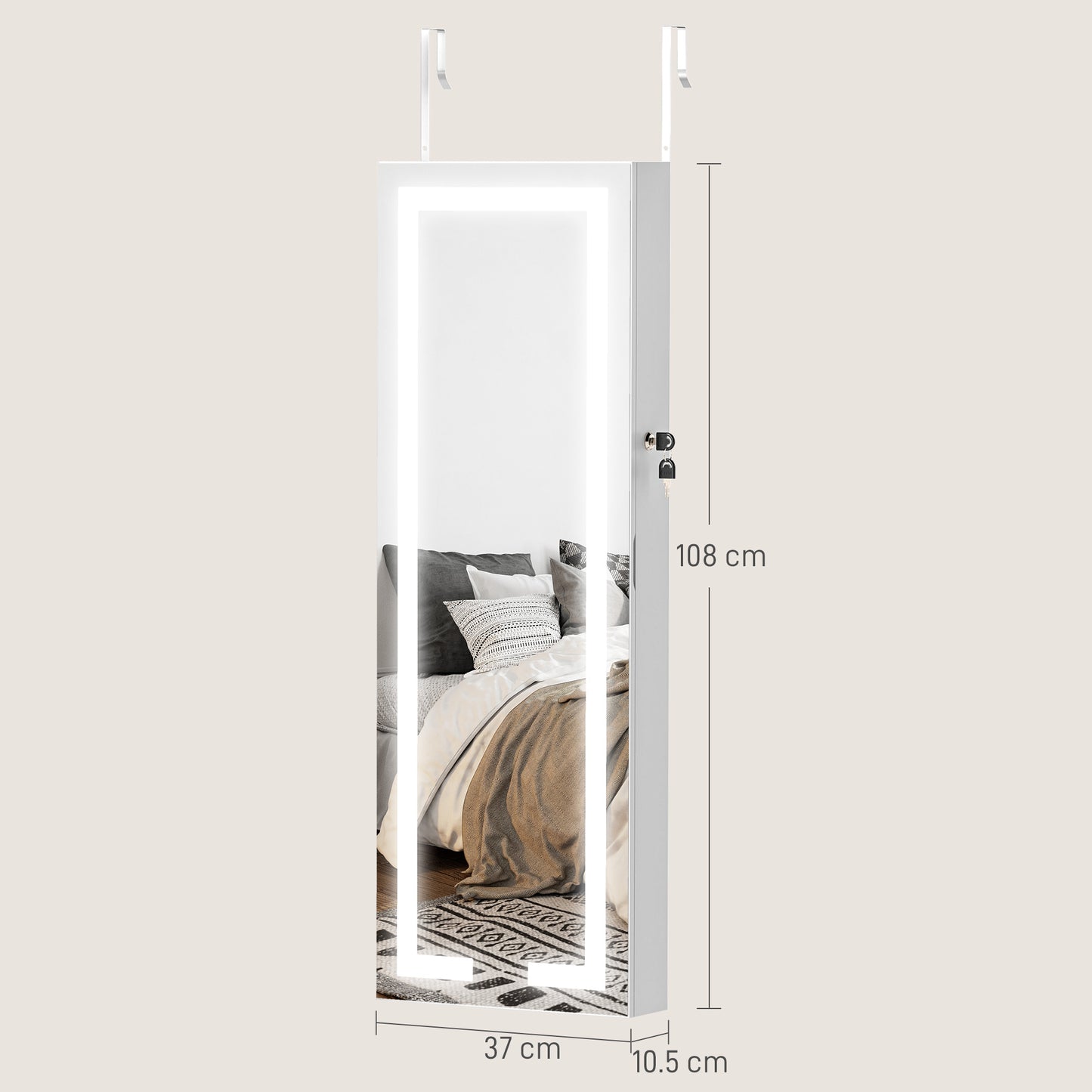 HOMCOM LED Mirror Jewellery Cabinet Wall Mounted Full Length Mirror With Storage Lockable Jewellery Organiser White