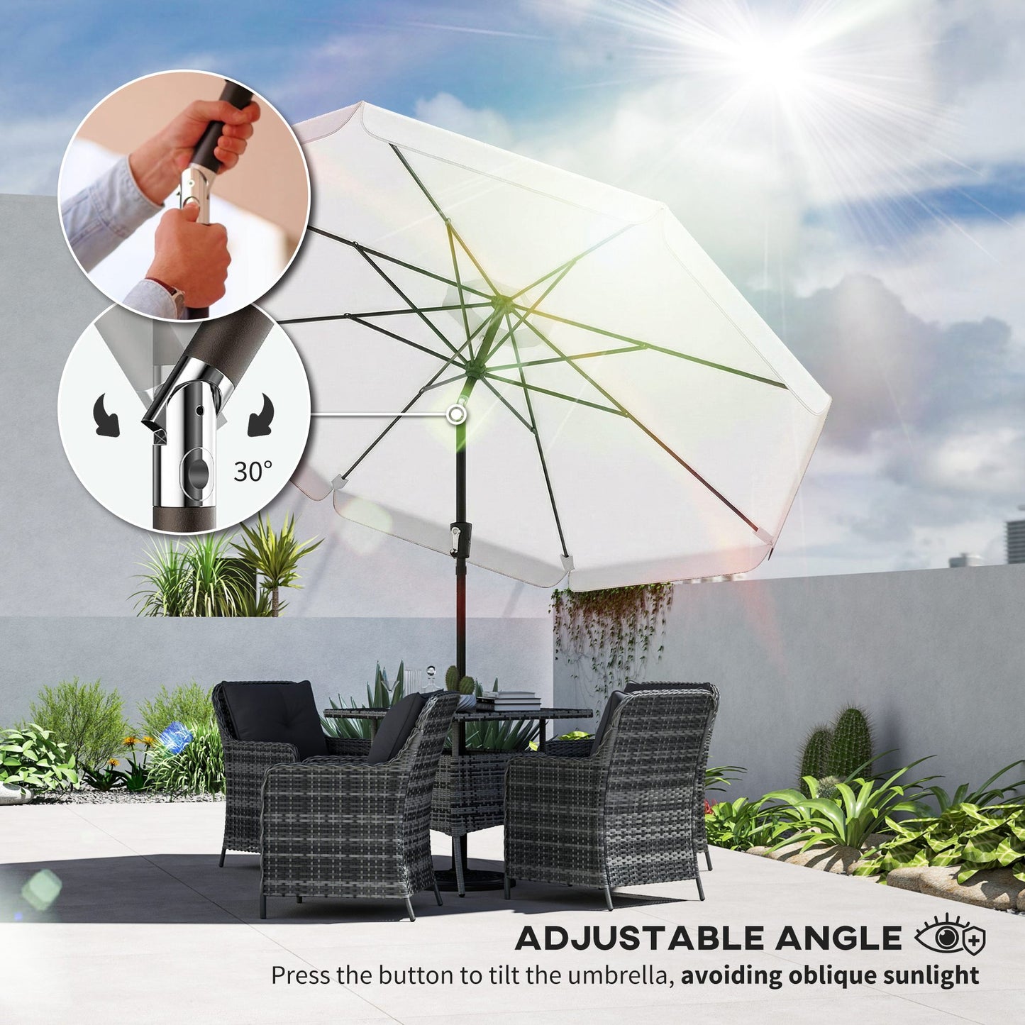 Outsunny 3 Meter Garden Parasol With Tilt Mechanism And Crank Handle UPF 30 Plus Patio Umbrella Cream White