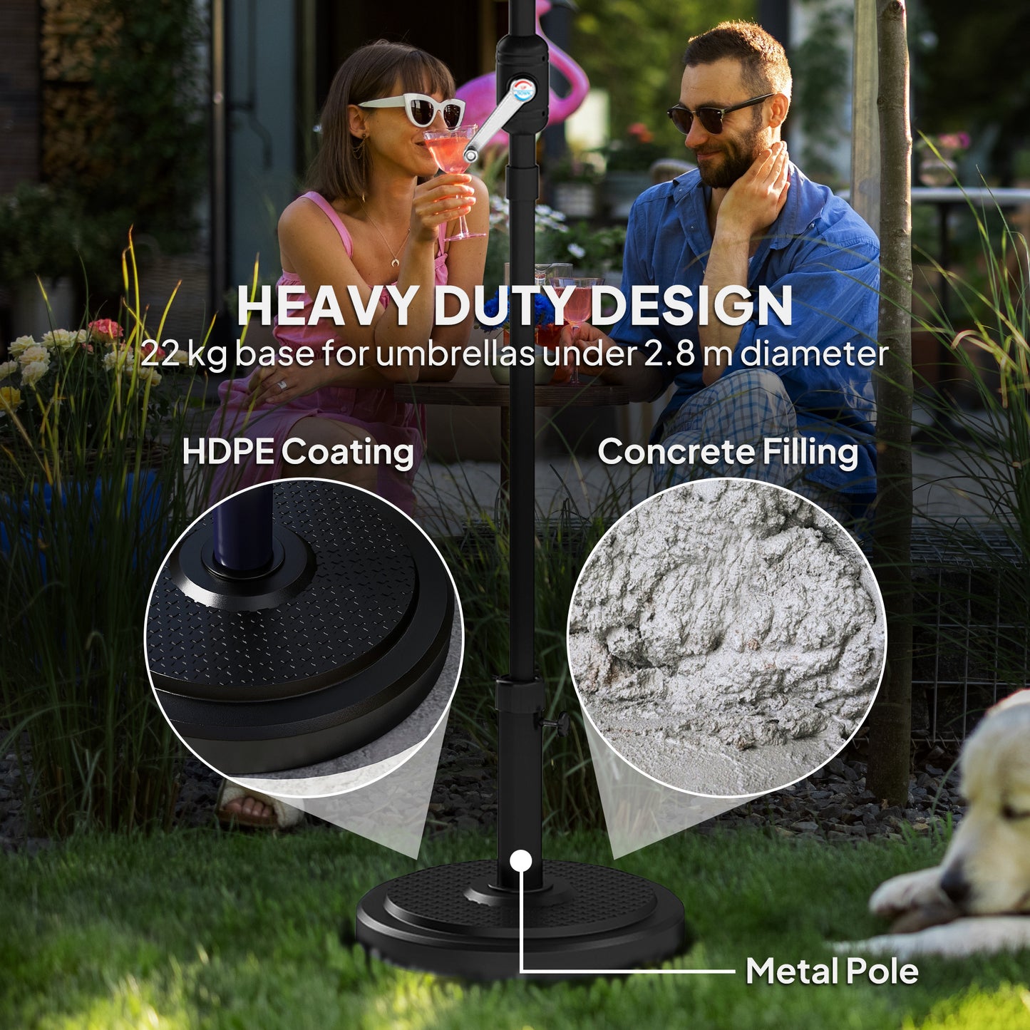 Outsunny 22kg Garden Parasol Base Round HDPE Sun Umbrella Base Heavy Duty For 38mm Or 48mm Poles Black