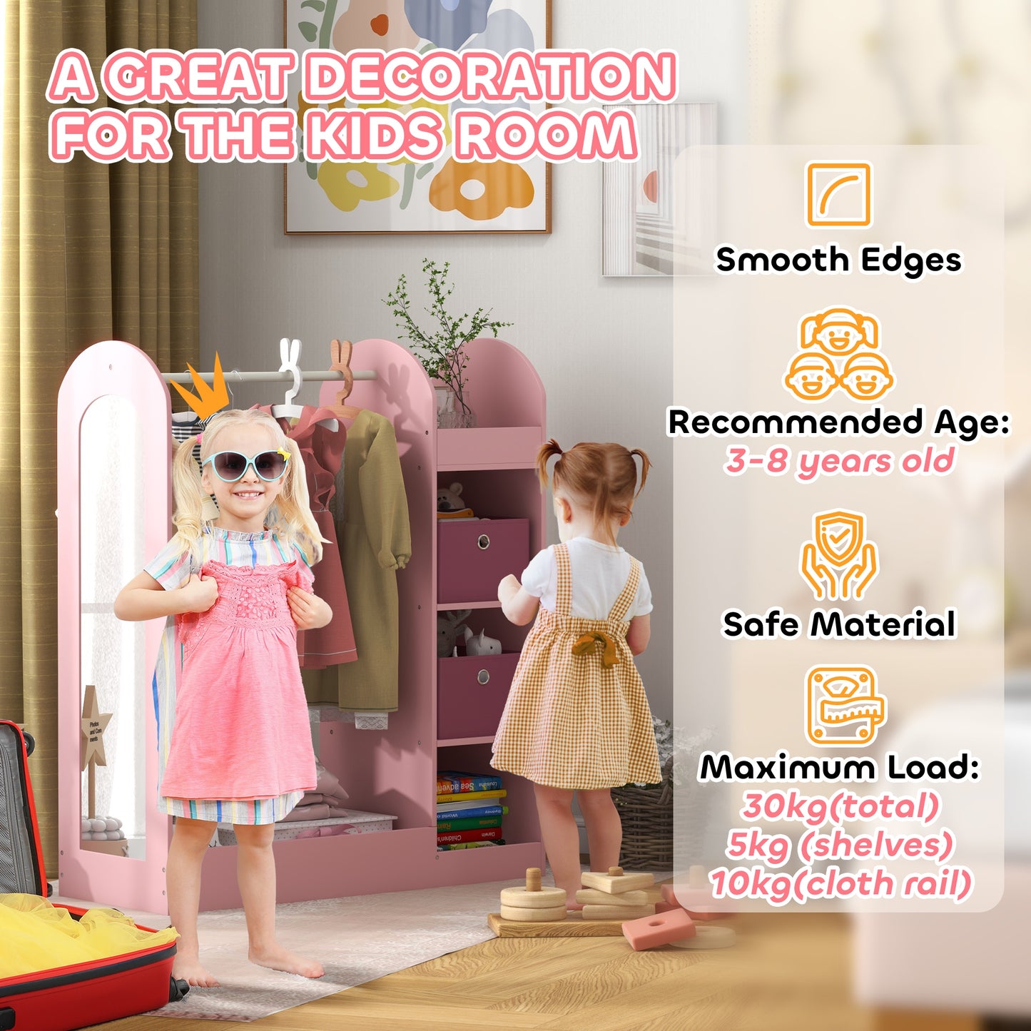 AIYAPLAY Kids Clothes Rail With Storage Shelf Boxes And Mirror For Bedroom And Nursery Pink