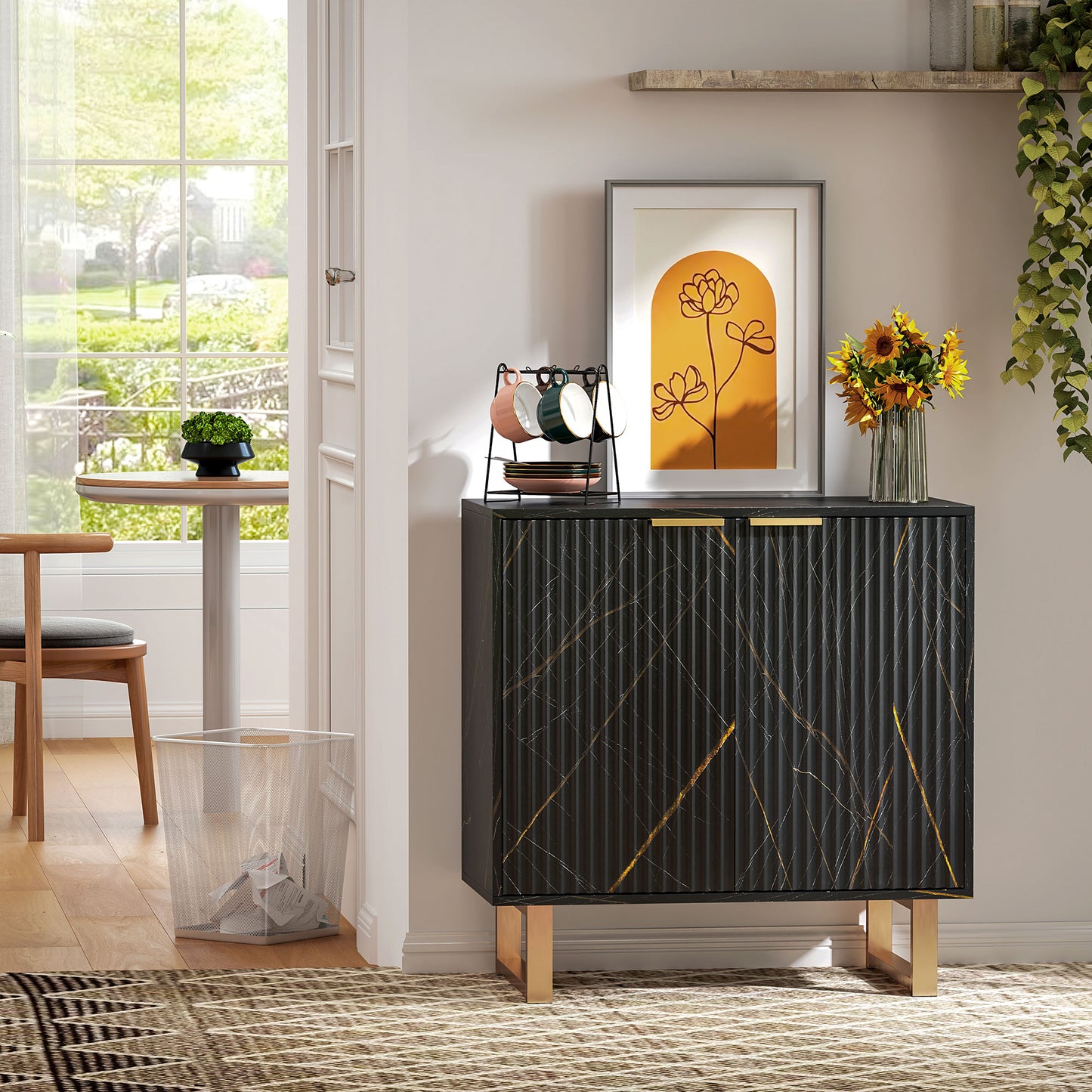 HOMCOM Elegant Storage Sideboard Black Gold Tone With Two Compartments And Three Level Adjustable Shelf
