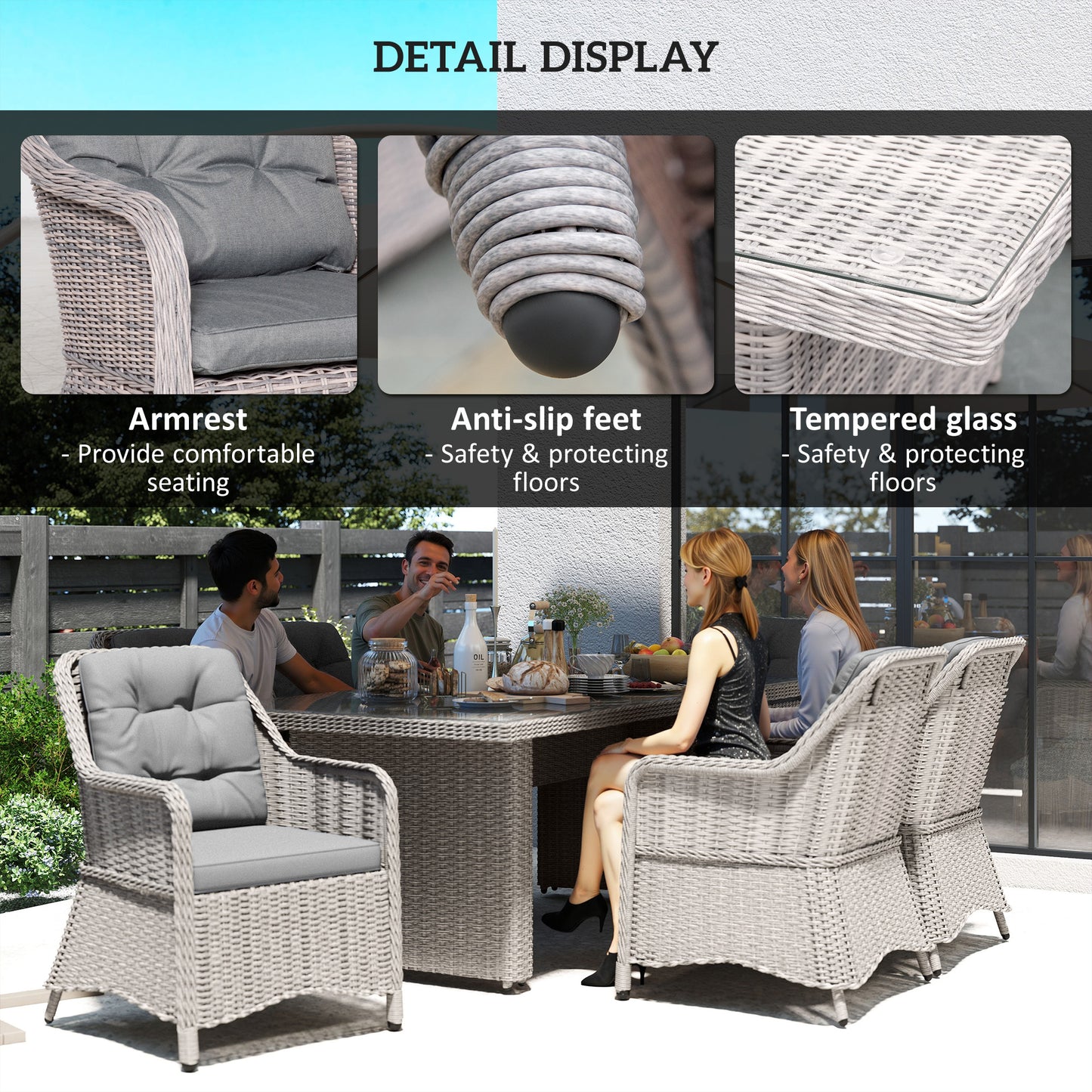 Outsunny Seven Piece Rattan Dining Set Outdoor Garden Furniture Mixed Grey Stylish Comfortable Alfresco Dining