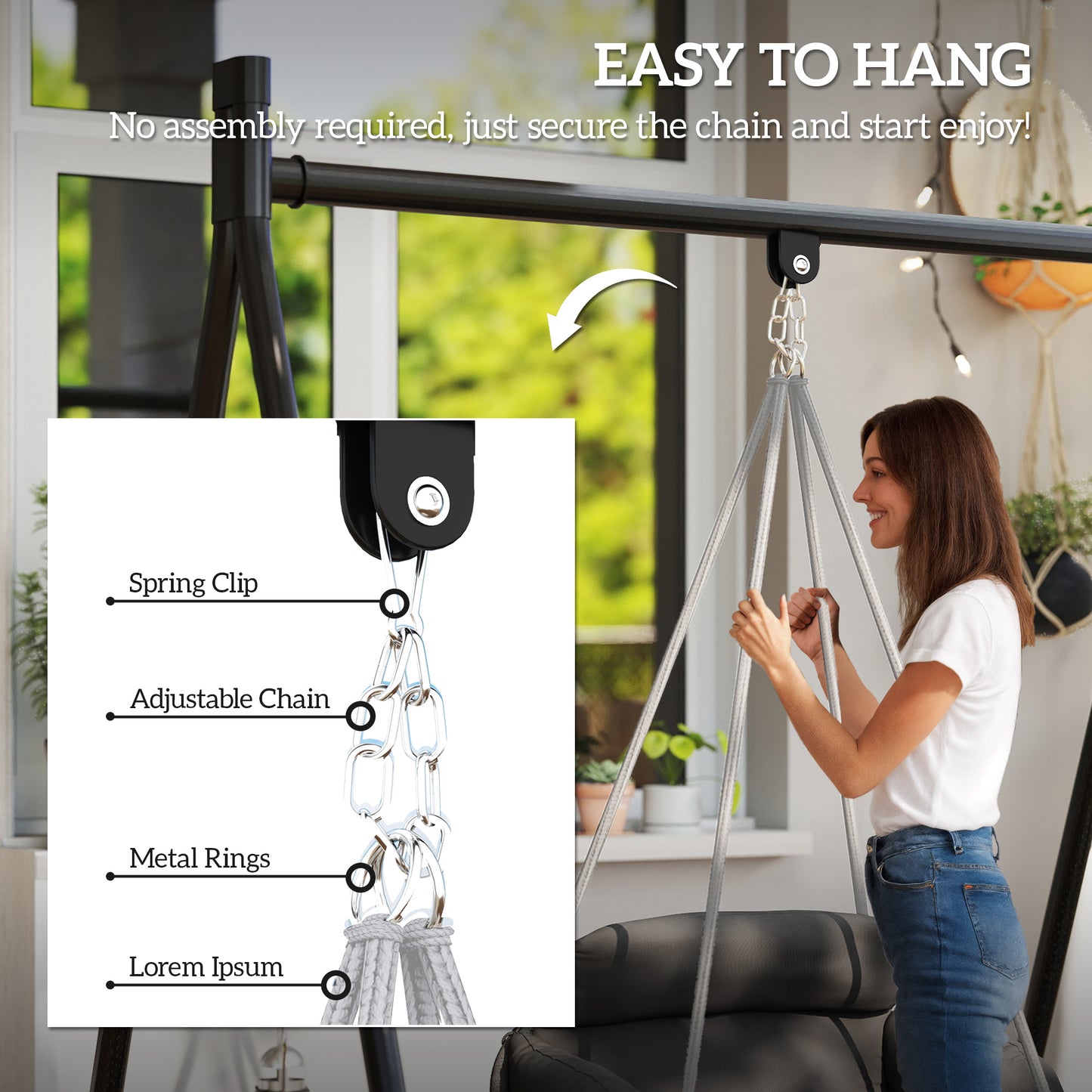 Outsunny Outdoor Hanging Chair Hammock With Soft Cushion Cotton Rope Boho Style Swing Chair Dark Grey