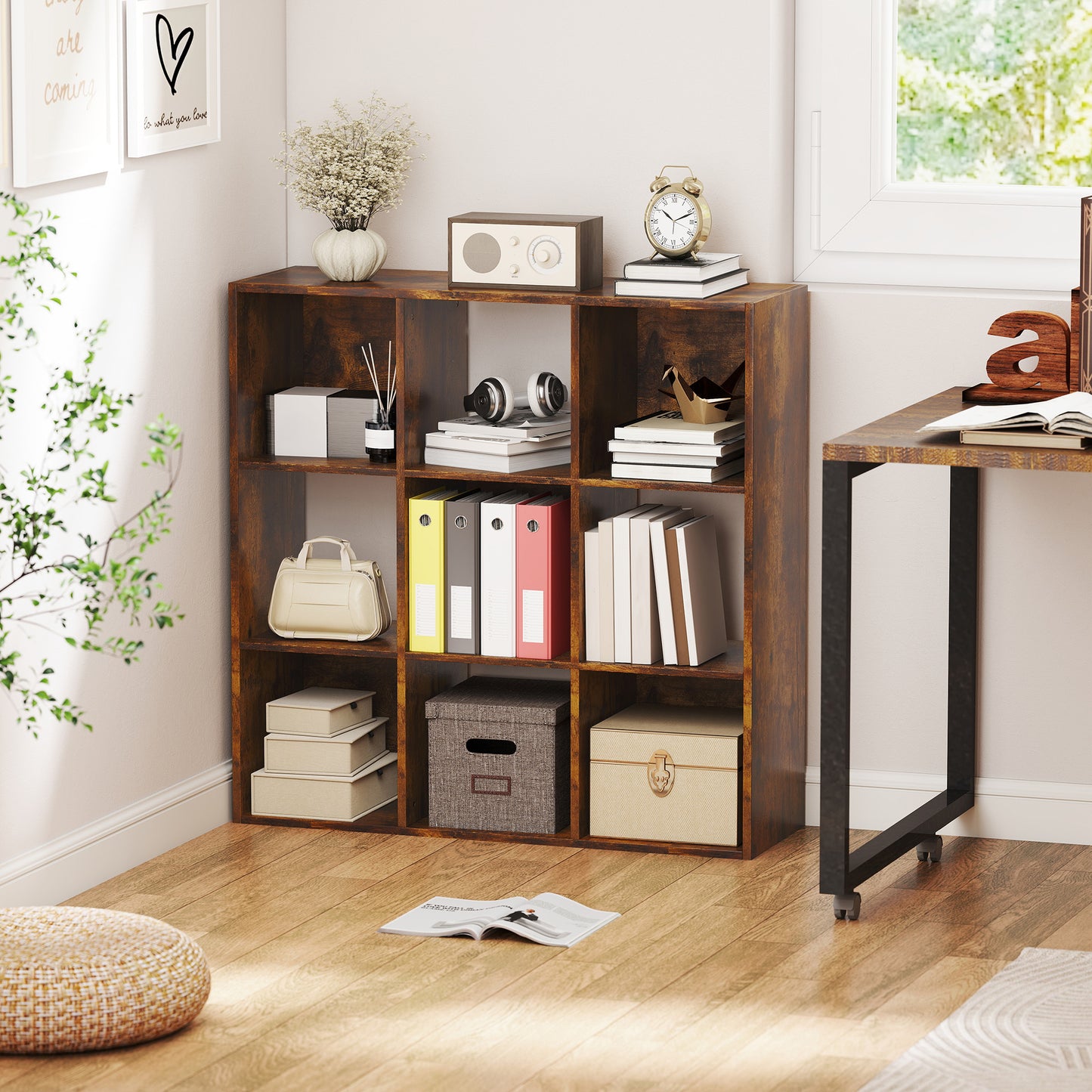 HOMCOM 3 Tier 9 Cube Storage Unit Rustic Brown Particle Board Bookcase Organizer For Home Office Shelves