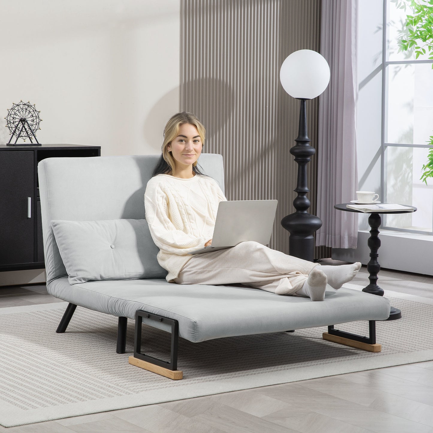 HOMCOM 4 in 1 Velvet Feel Double Sofa Bed With Pillows In Light Grey Steel Frame Five Position Back Thick Foam Padding