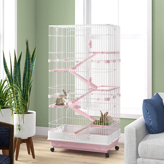 PawHut Small Animal Cage Indoor Bunny House with Wheels, Pink - ALL4U RETAILER LTD