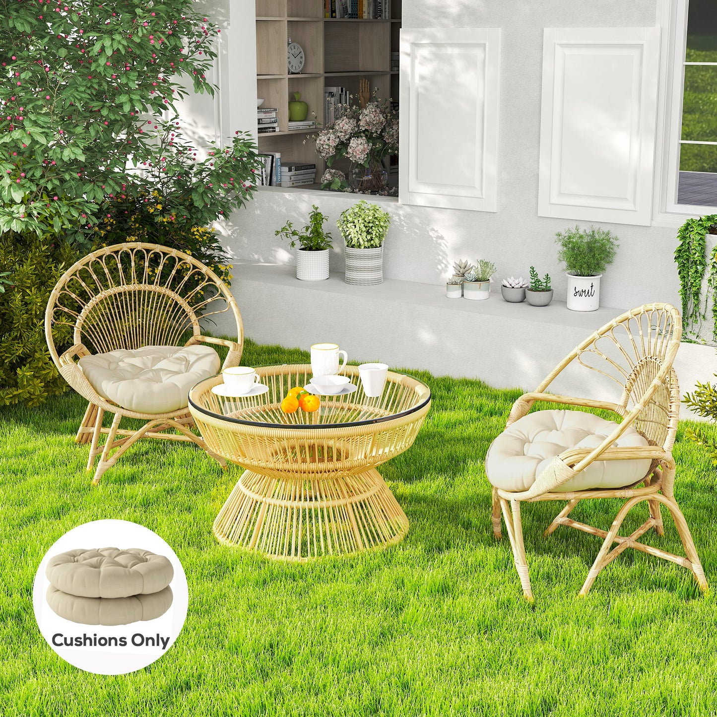 Outsunny Set of Two 60cm Outdoor Cushions Beige Splash Resistant UV Protected Cotton Filled Tufted