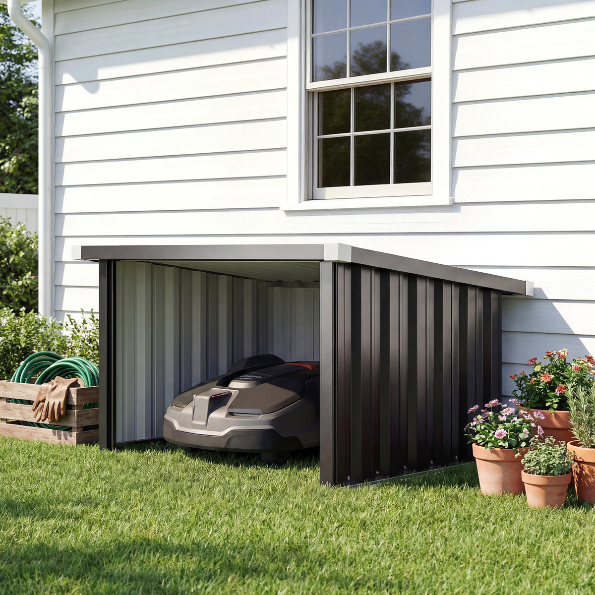 Robot mower storage shed with sloped roof, open front, dark steel panels and robot mower