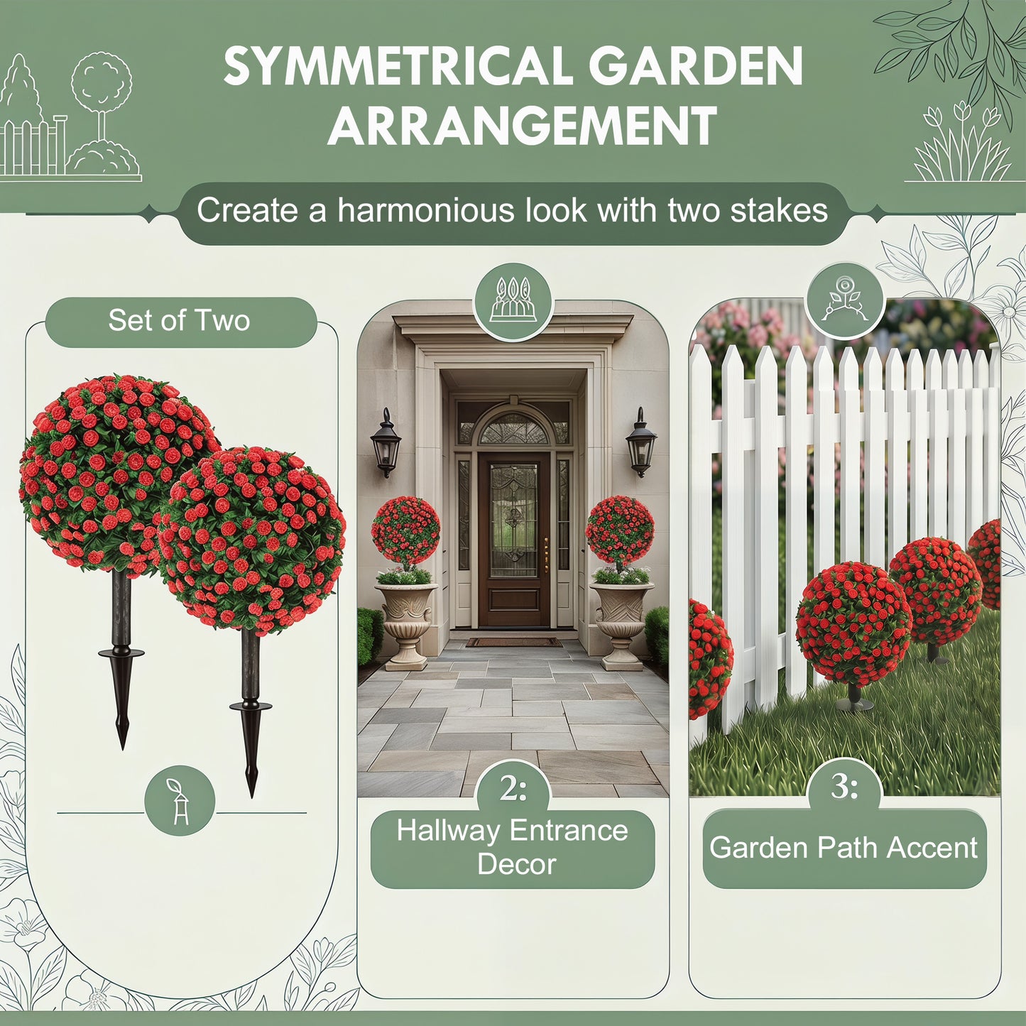 HOMCOM Artificial Rose Topiary UV Resistant Two Pack Faux Plants 55 Cm Red Outdoor Garden Decor
