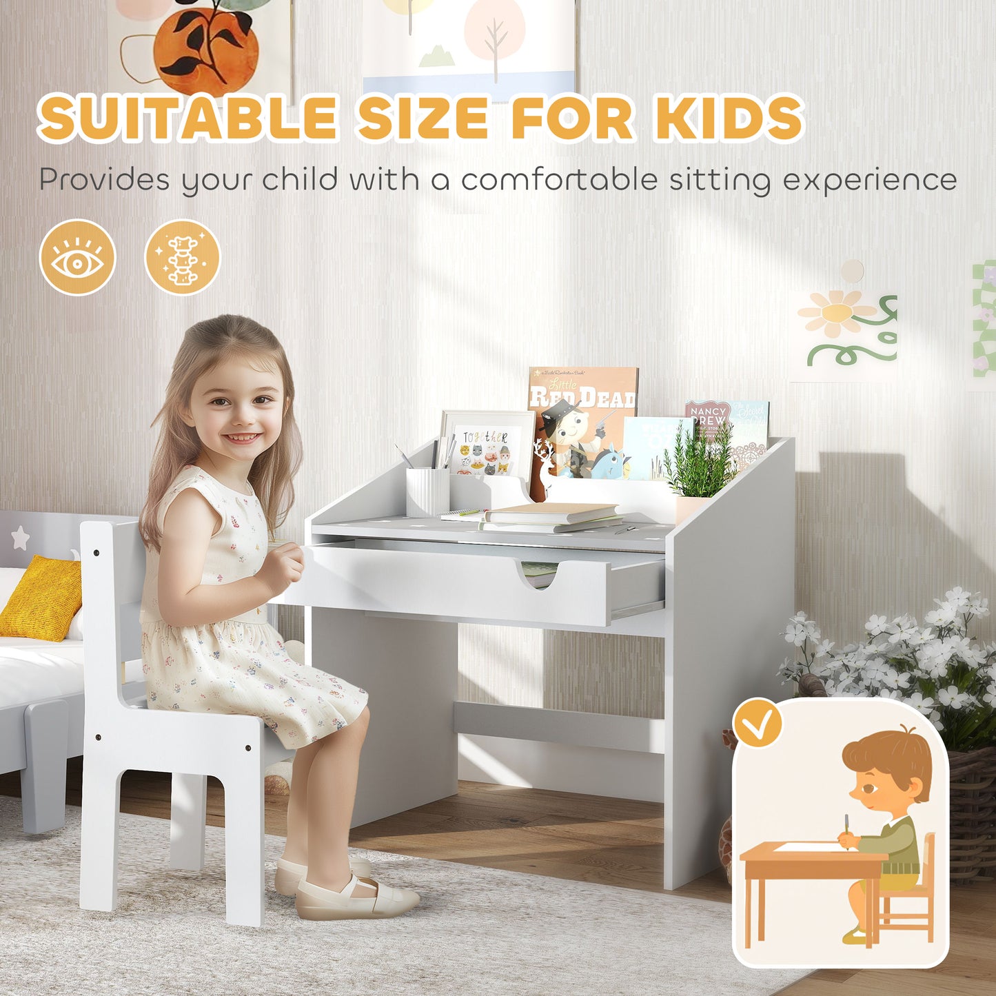 AIYAPLAY Children Study Table and Chair Set With Storage Drawer For Ages 3 To 6 Grey
