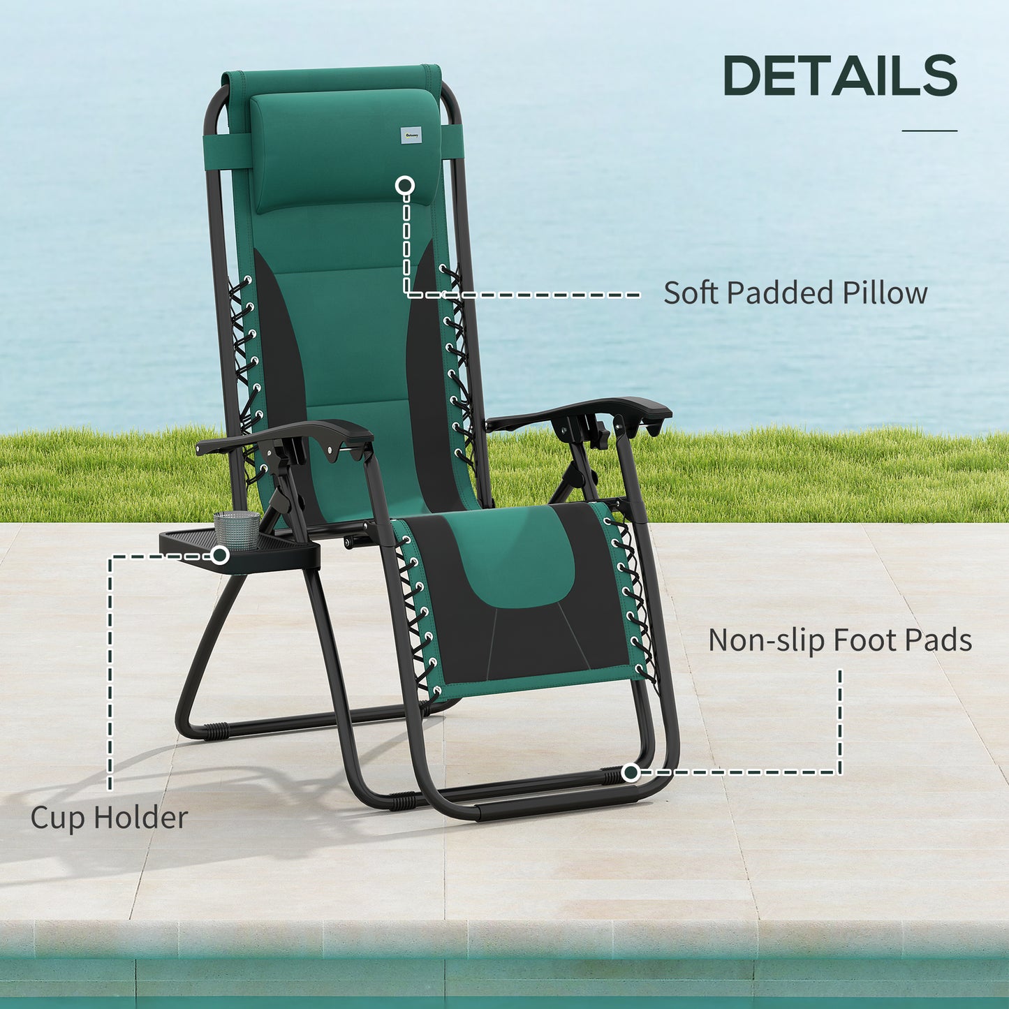 Outsunny Zero Gravity Lounger Folding Reclining Chair With Padded Seat Cup Holder Cushion Headrest For Poolside Green