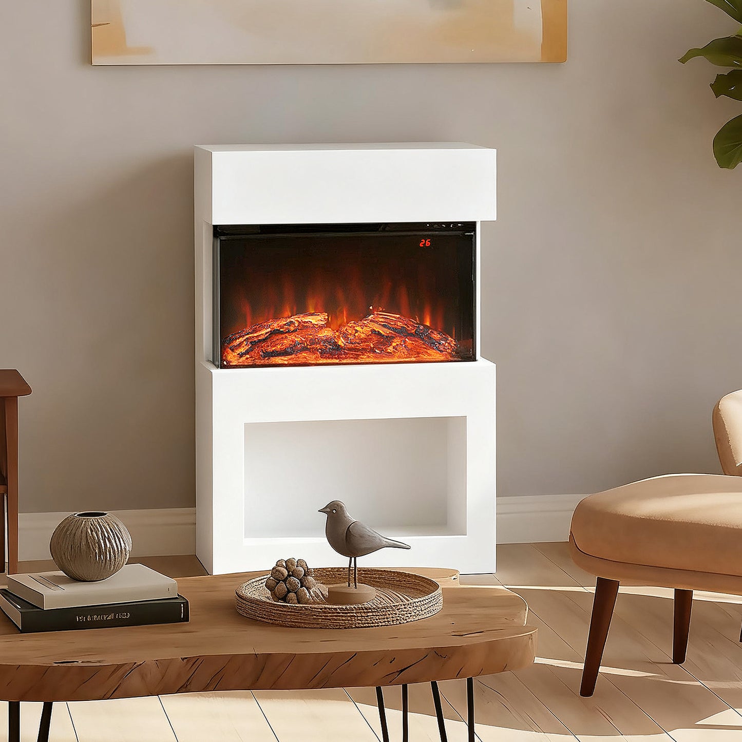 HOMCOM 19 Inch Electric Fireplace With Surround Mantel 3D Flame 1000W 2000W White Remote Timer 3 Sided View