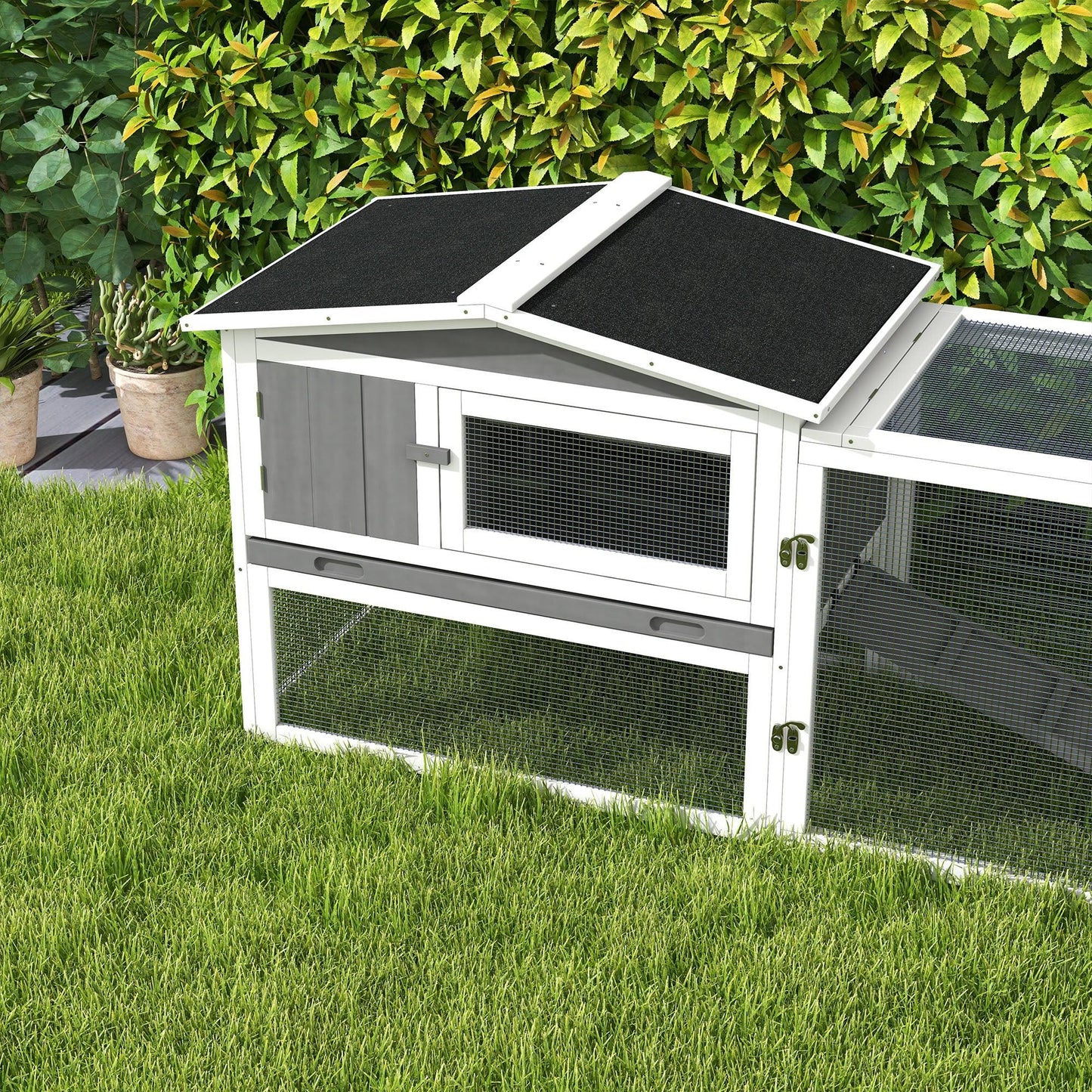 PawHut Rabbit Hutch and Run Outdoor w/ Sliding Tray Hay Rack Ramp, 156x58x68cm - ALL4U RETAILER LTD