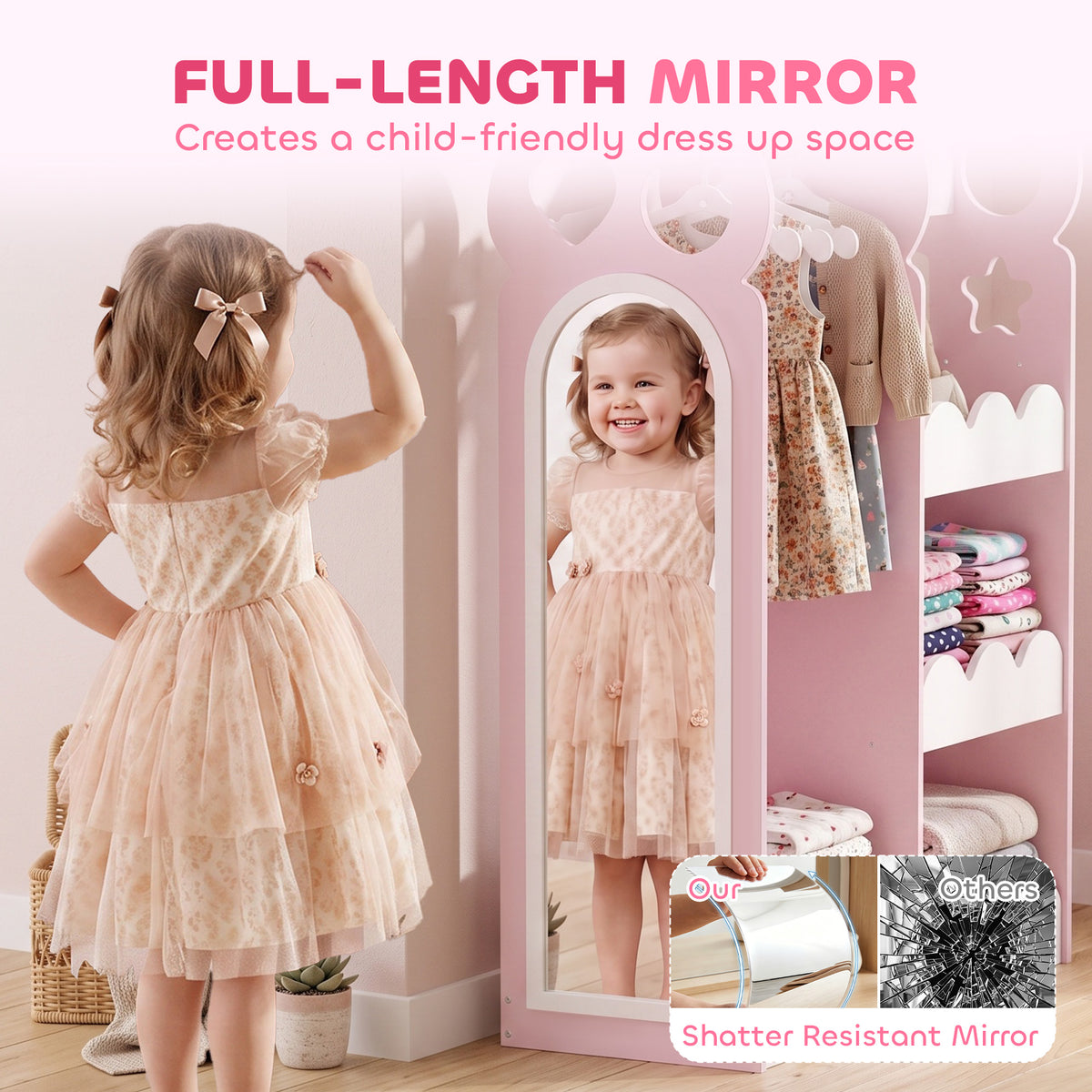 AIYAPLAY Kids Pink Wardrobe With Mirror Clothes Rail And Storage Shelves