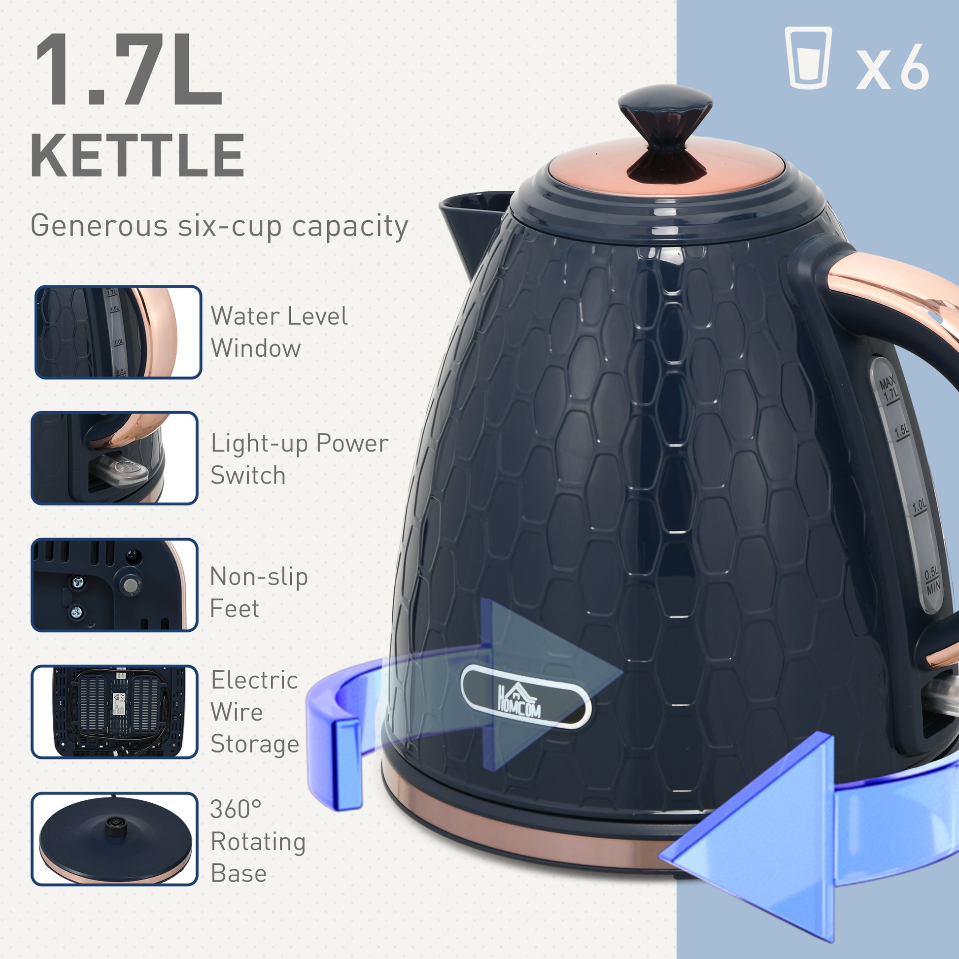 HOMCOM Stylish Blue Kettle and Toaster Set - 1.7L Fast Boil Kettle with Auto Shut Off & 4-Slice Toaster with 7 Browning Levels - ALL4U RETAILER LTD