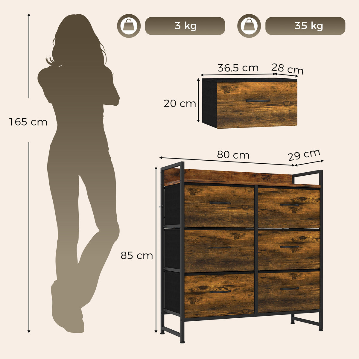 Rustic brown fabric drawer cabinet with frame, size diagram showing overall dimensions and weight limits