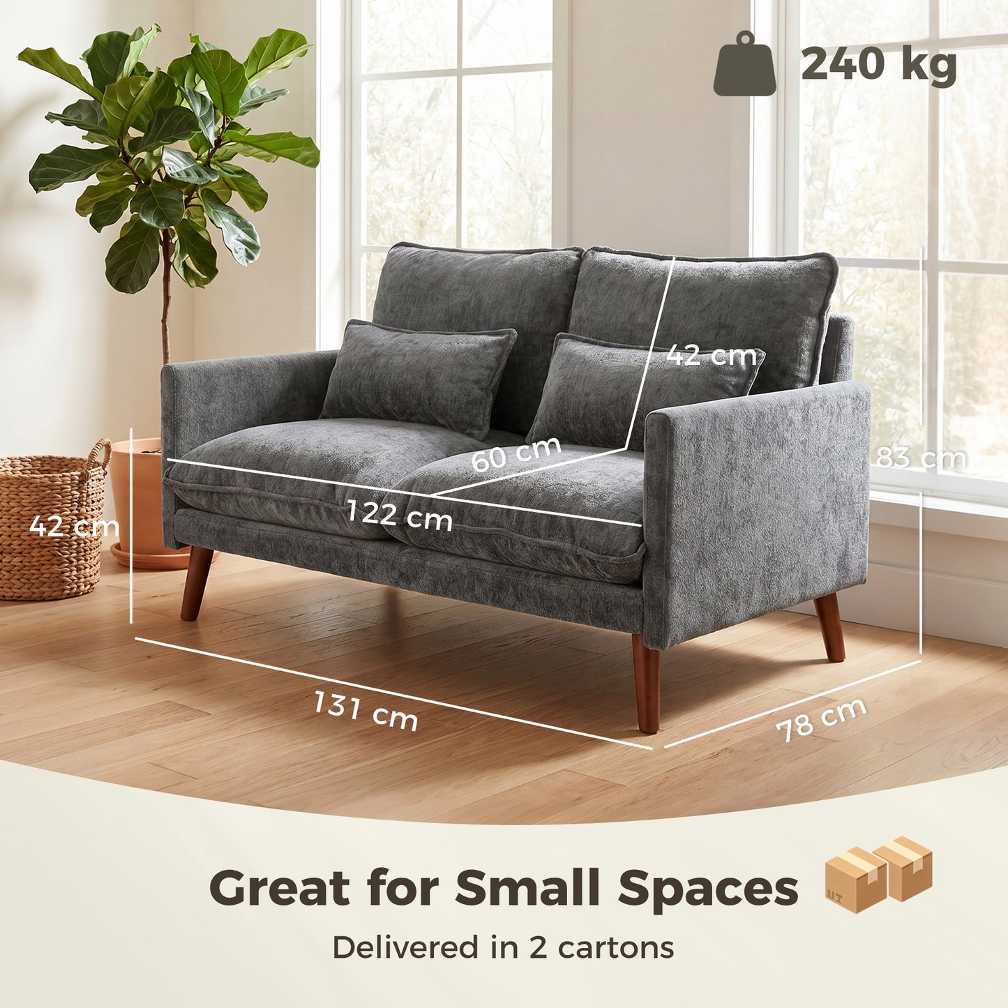 HOMCOM 2 Seater Sofa Loveseat With Pocket Springs Cushions Grey Wood Legs Compact And Comfortable