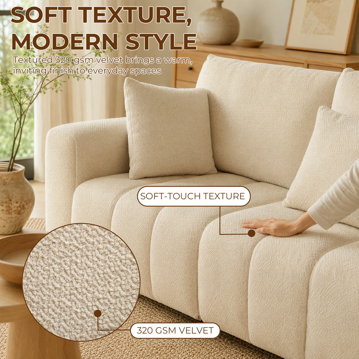 Cream white velvet loveseat arm and back cushions with soft textured fabric