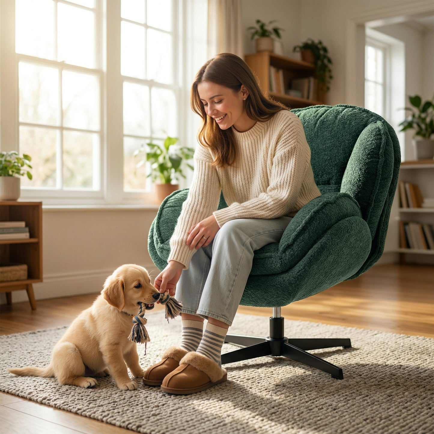 HOMCOM Modern Wingback Velvet Armchair With Swivel And Four Star Base In Dark Green