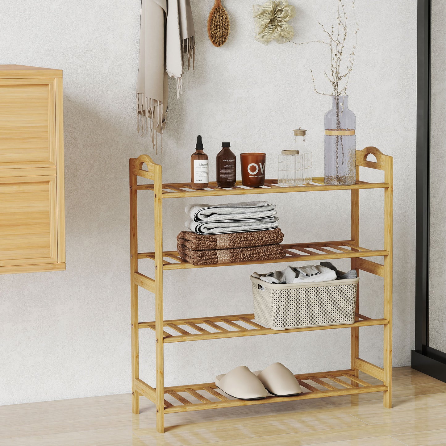HOMCOM Freestanding Bamboo Shoe Rack 4 Tier Shoe Shelf Stand For Hallway Living Room Bedroom Natural Wood Finish