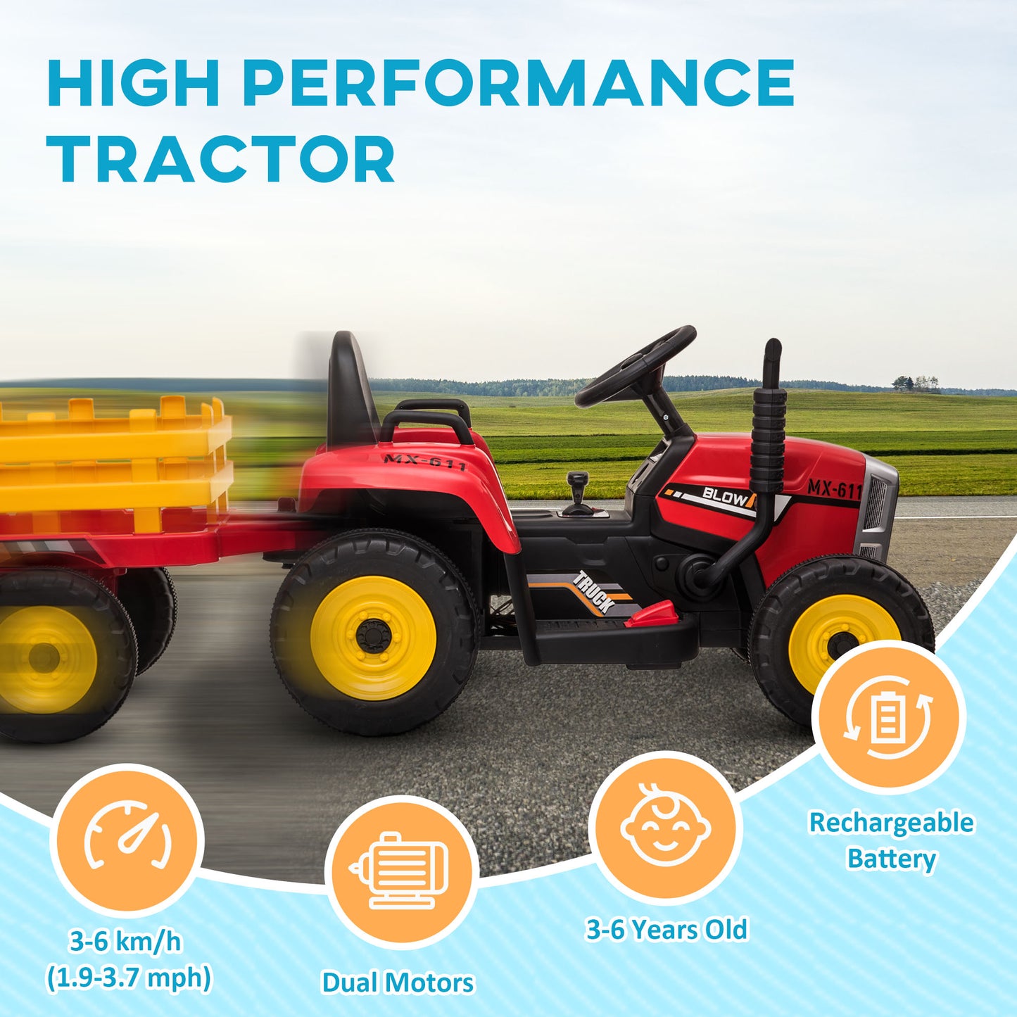 HOMCOM Electric Ride on Tractor with Detachable Trailer 12V Kids Battery Powered Electric Car Remote Control Music Start up Sound. - ALL4U RETAILER LTD