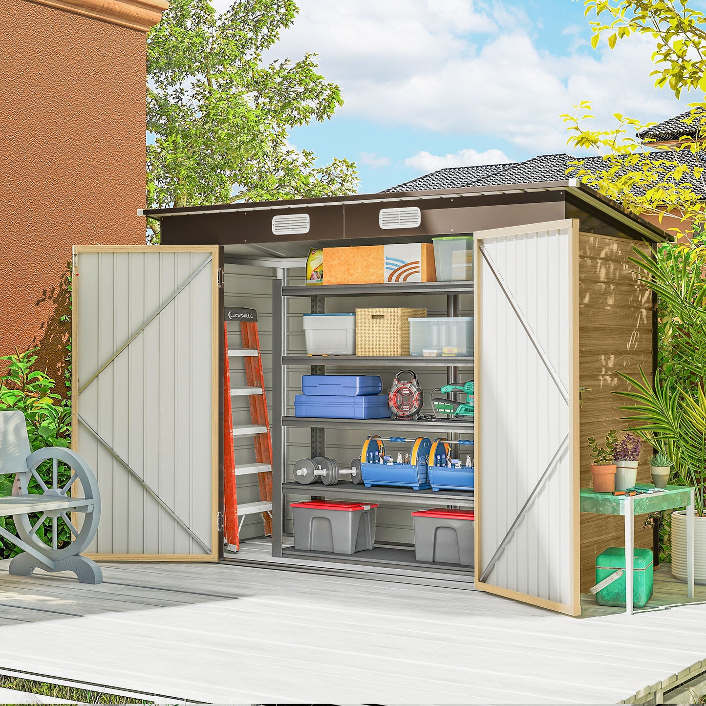 Outsunny 3.7 By 7.9 Ft Galvanised Steel Shed With Latched Door And Padlock Oak Finish