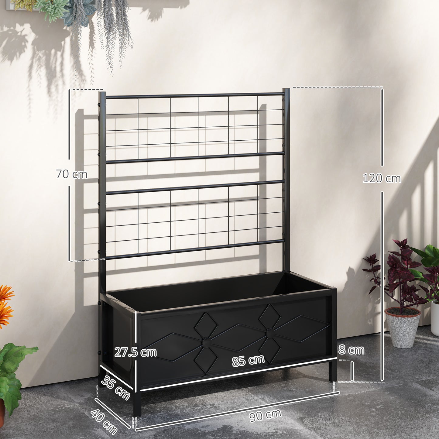 Outsunny Raised Garden Bed With Trellis Galvanised Planter Box Diamond Pattern Drainage Holes 90 x 40 x 120 cm Black