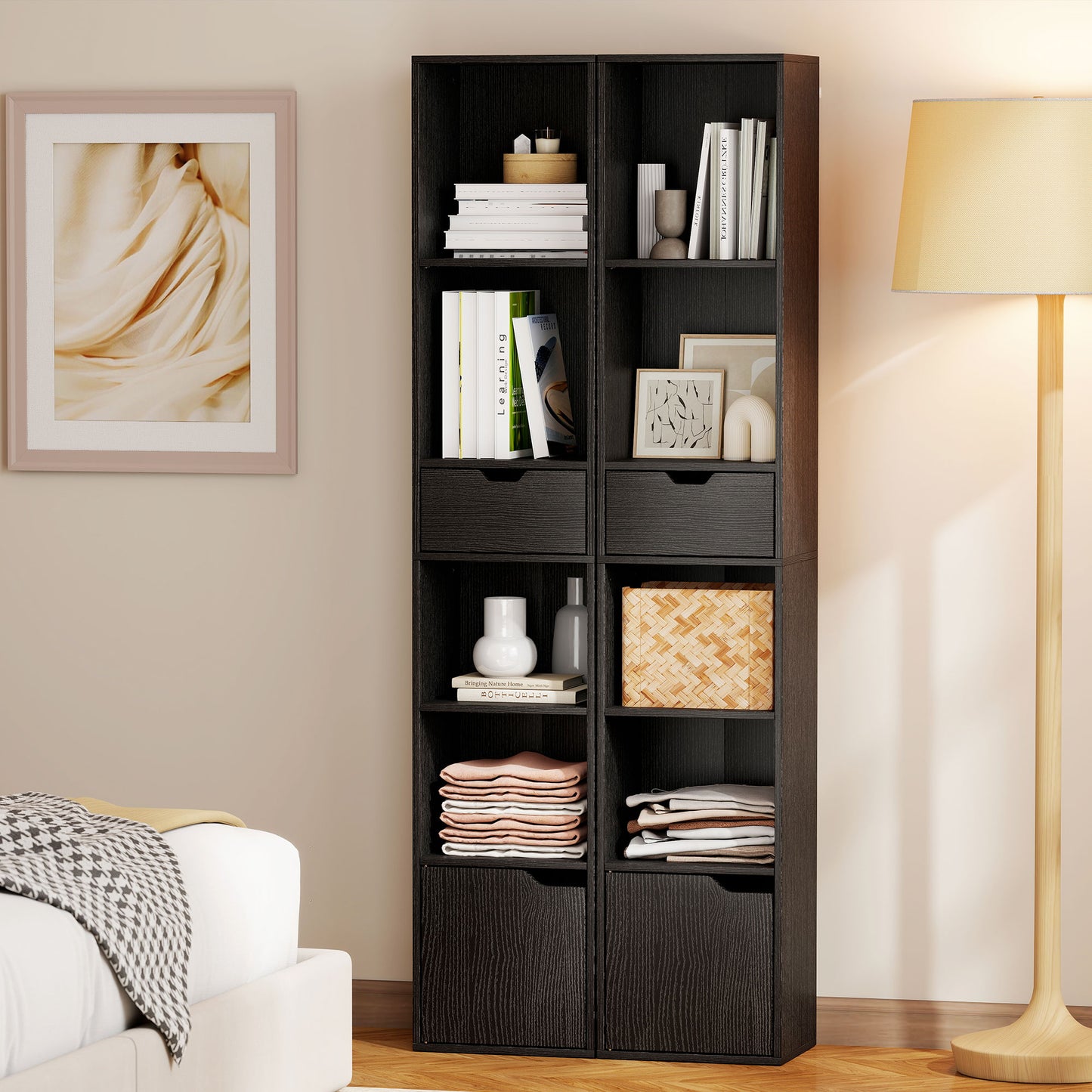 HOMCOM 6-Tier Tall Narrow Bookcase With Drawer And Door Black Finish Perfect For Small Living Rooms