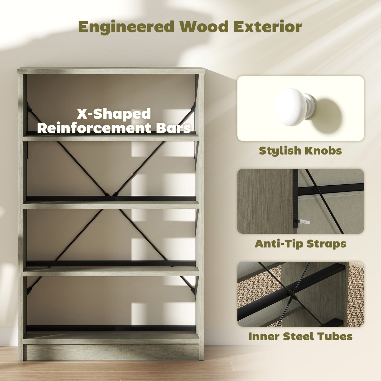 HOMCOM Chest Of Drawers Dresser With Four Fabric Drawers White And Grey Wood Effect MDF Steel Frame