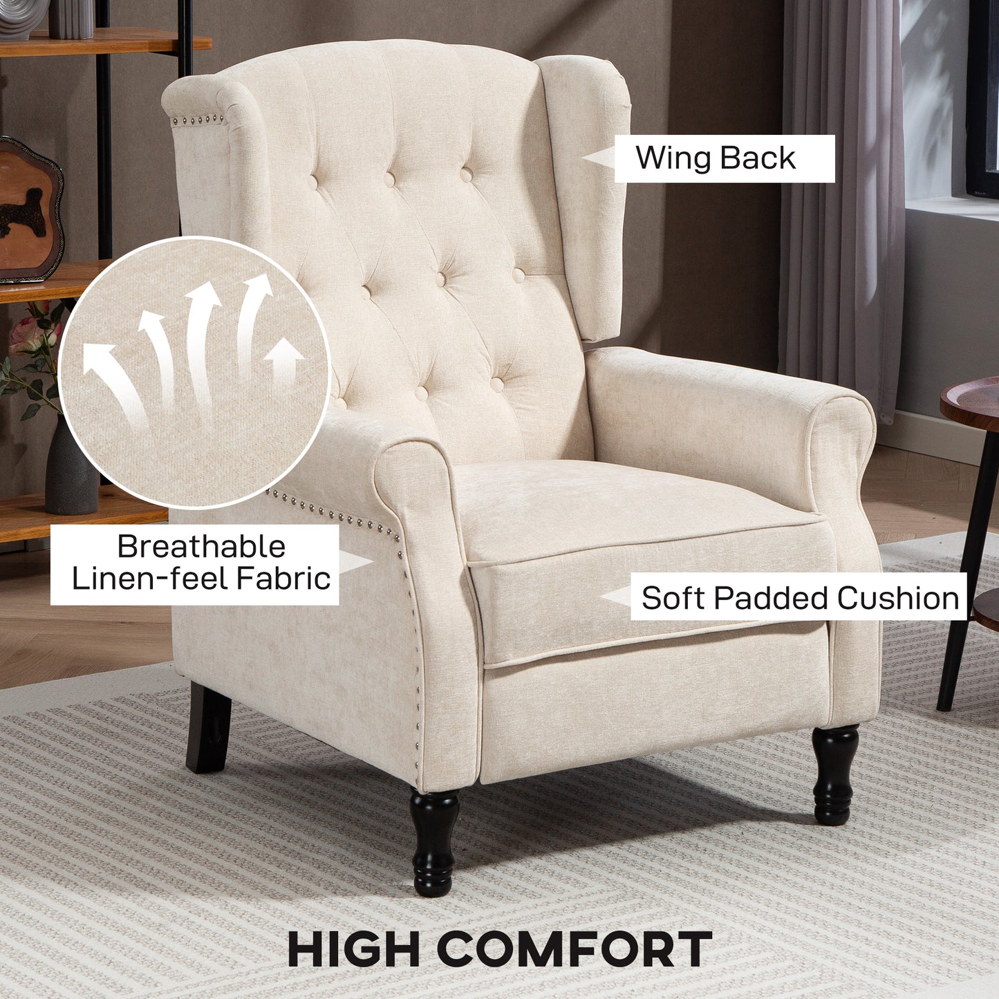 HOMCOM 150 Degree Reclining Vintage Armchair With Footrest Beige Upholstered Living Room Chair