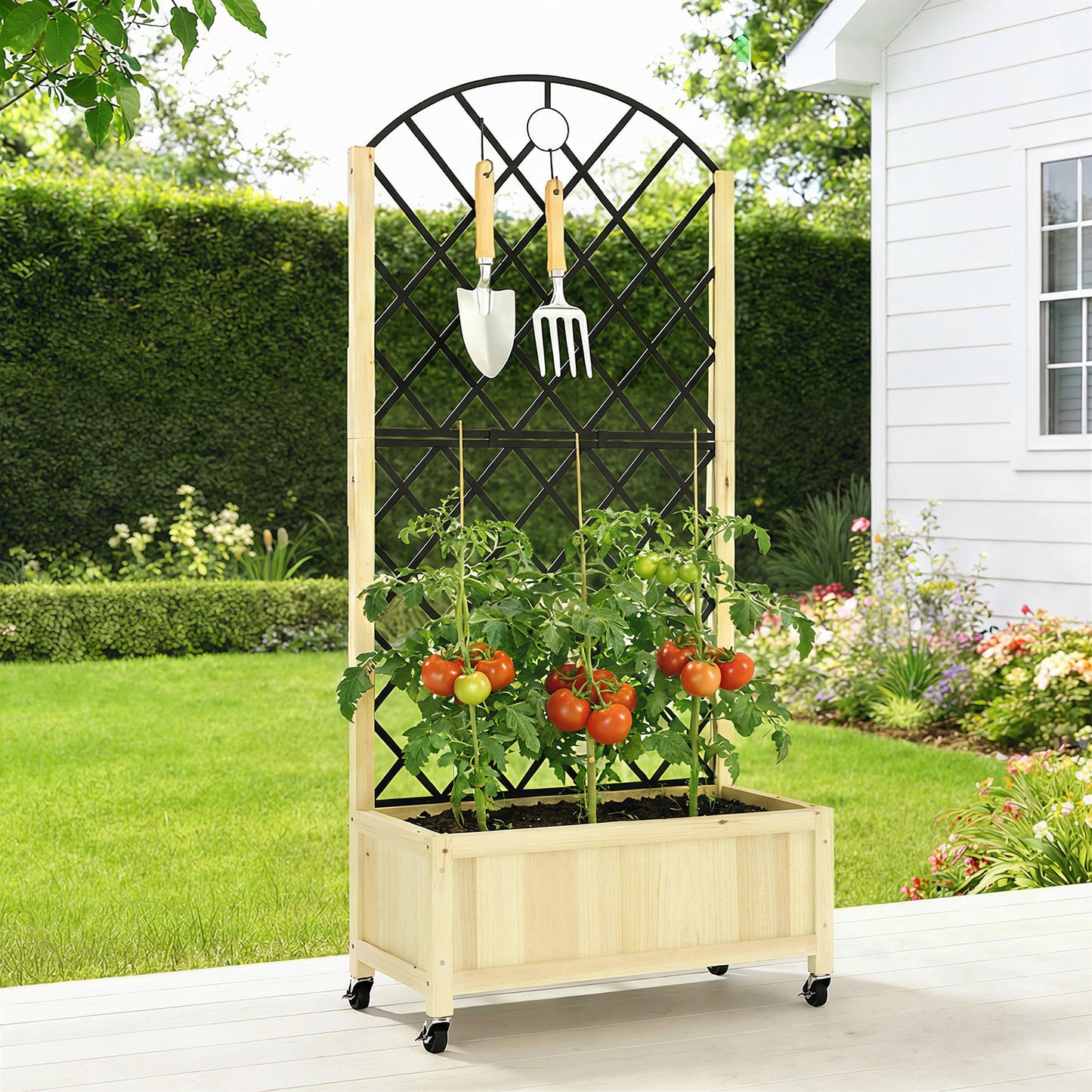 Outsunny Raised Garden Bed With Metal Trellis Wooden Elevated Planter Box On Lockable Wheels Outdoor Natural