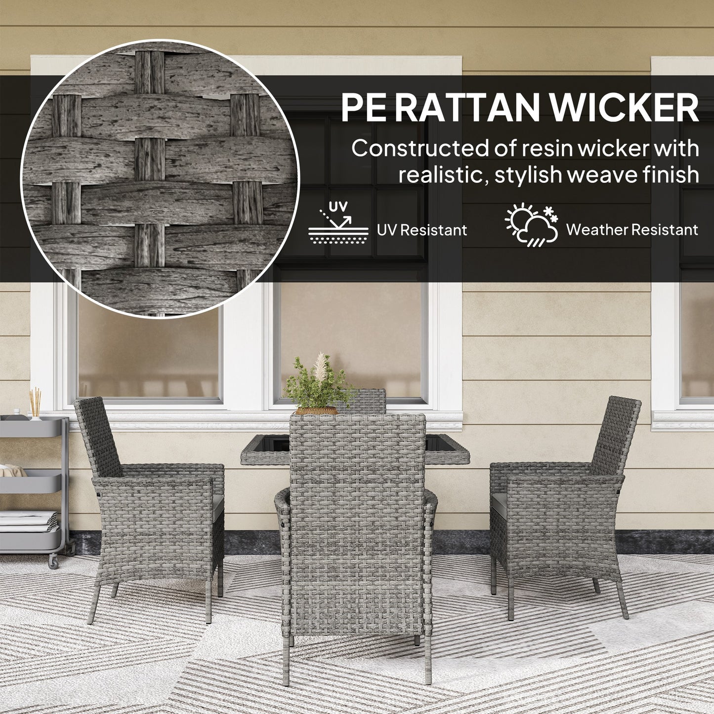 Outsunny Rattan Garden Furniture Set 4 Seater Outdoor Dining Table And Chairs With Cushions Grey Square Glass Top
