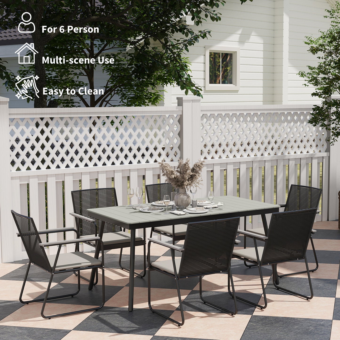 Outsunny 6 Seater Garden Dining Set With Cushions And Rattan Backrest Rectangular Table For Patio Grey