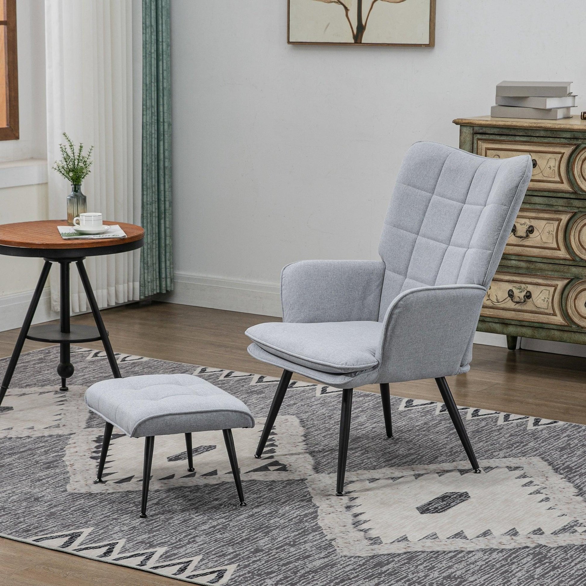 HOMCOM Living Room Chair with Footstool and Steel Legs, Light Grey - ALL4U RETAILER LTD