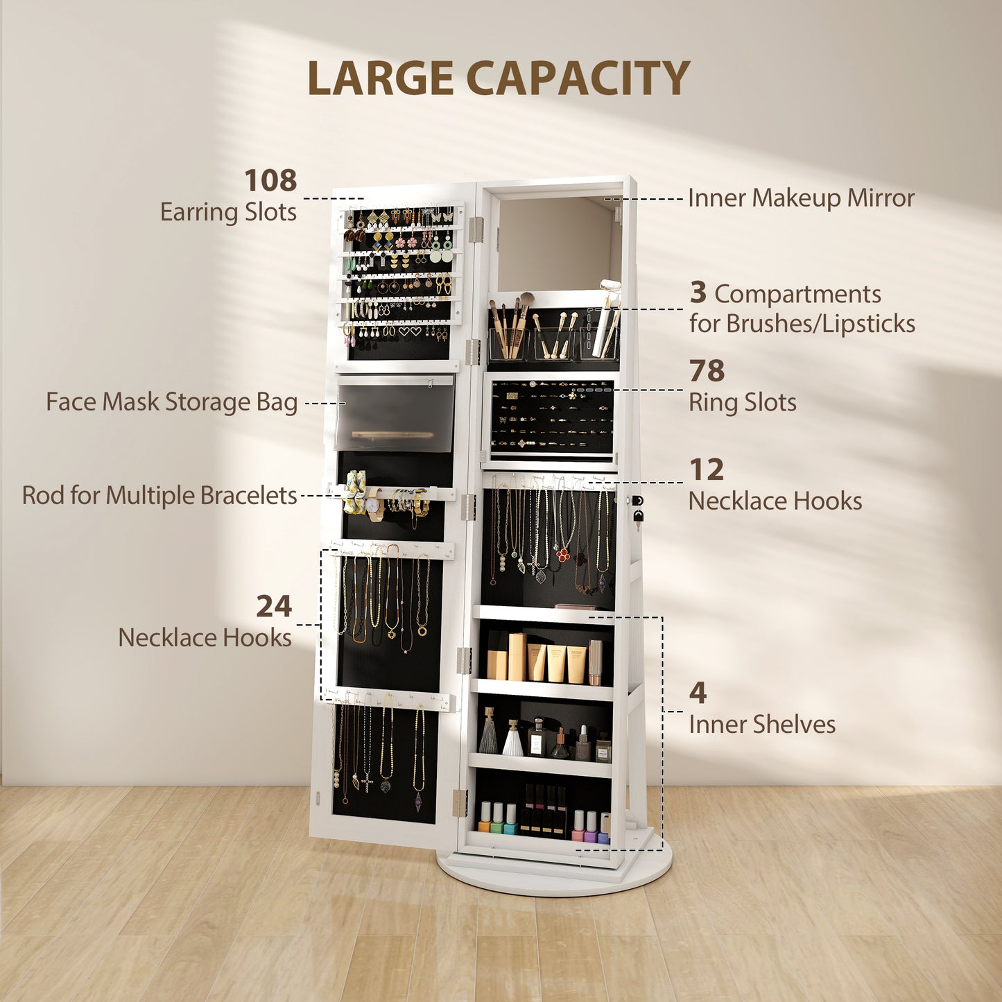HOMCOM Jewellery Cabinet With Mirror And Lights White Finish 78 Ring Slots 108 Earring Slots 36 Necklace Hooks