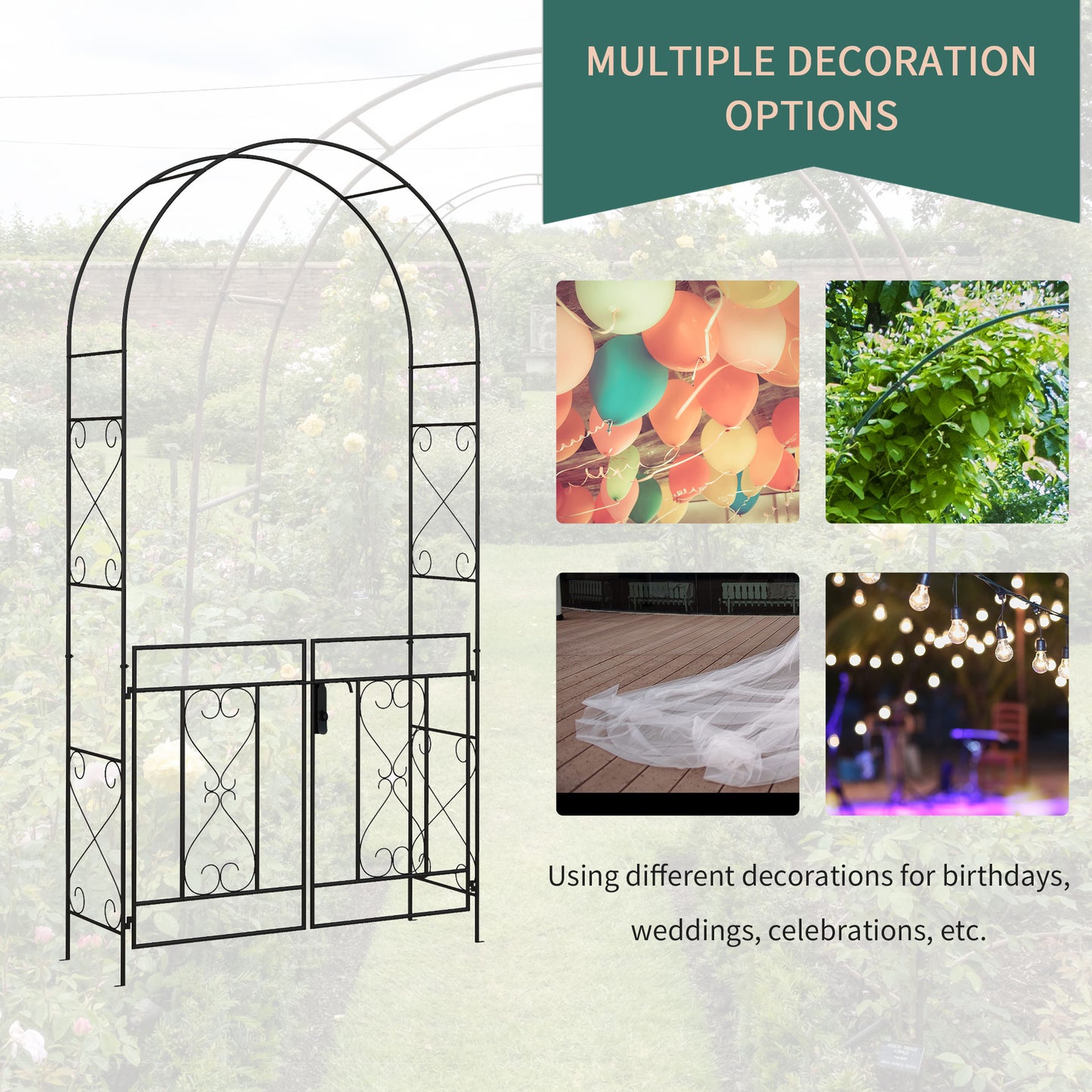 Outsunny Powder Coated Steel Garden Arch With Gate Black For Outdoor Decor And Climbing Vines Plants