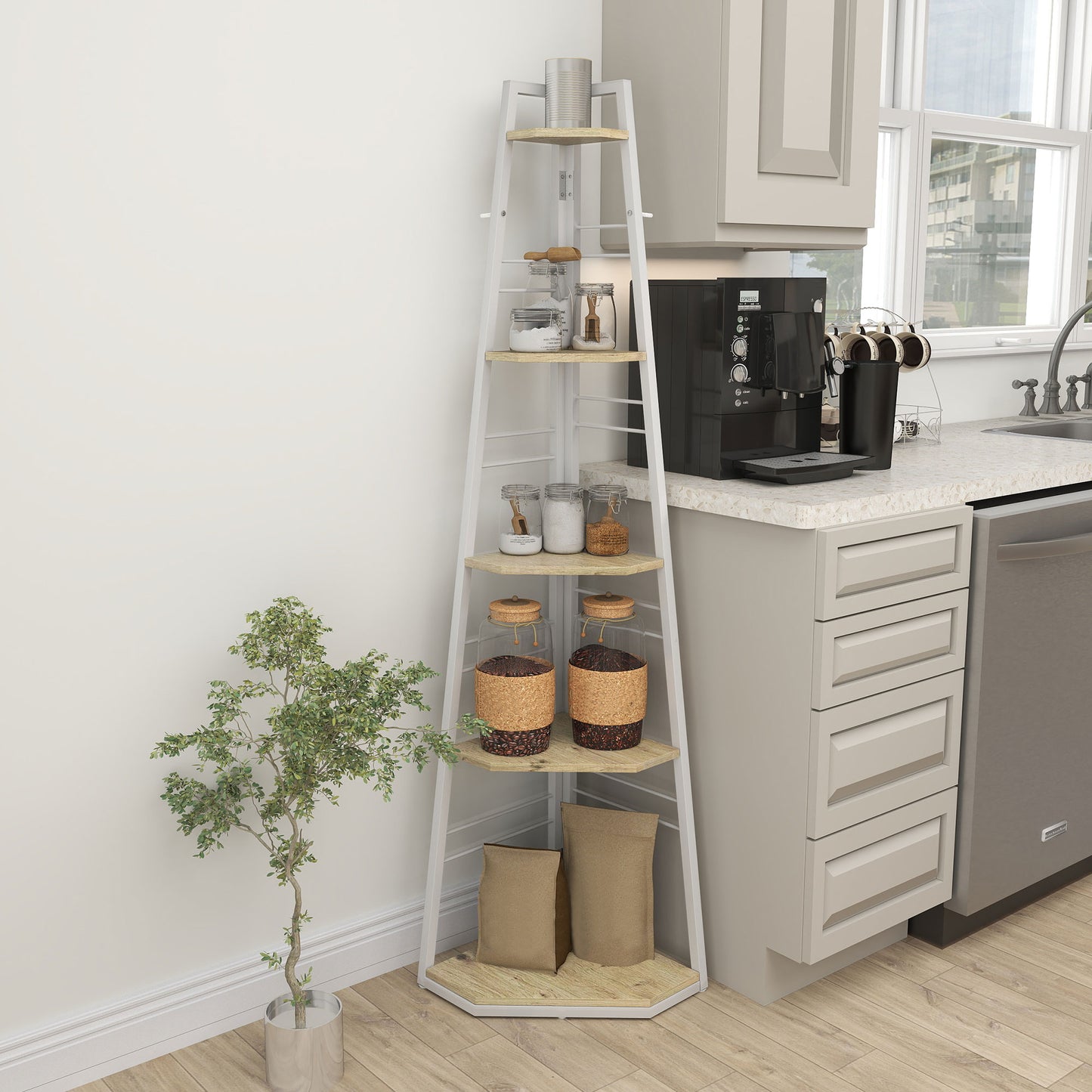 HOMCOM Five Tier Corner Shelf White Wood Effect Steel Frame Ladder Organizer For Living Room Decor With Adjustable Feet