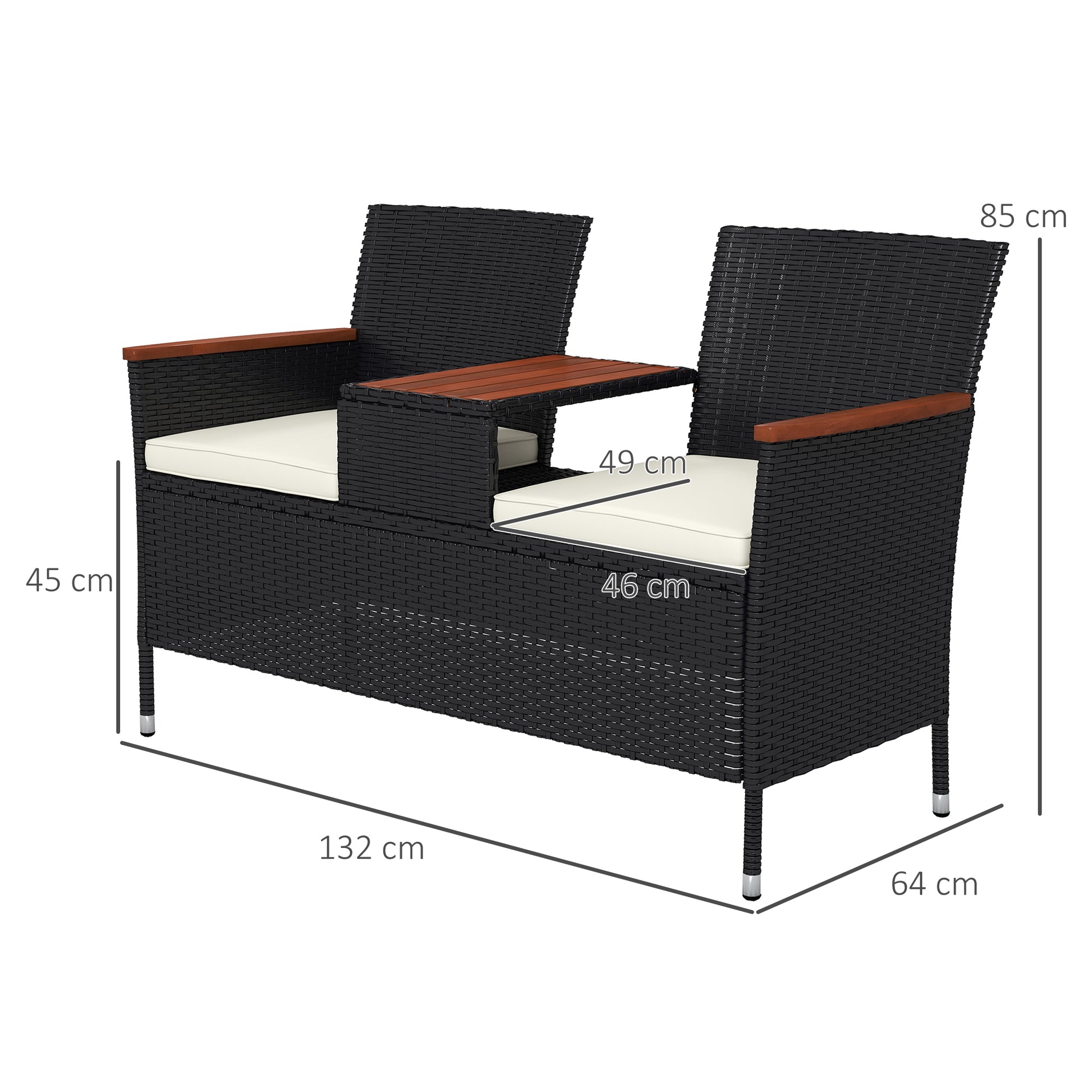 Outsunny Black Rattan Loveseat with Wooden Middle Table for Two - ALL4U RETAILER LTD