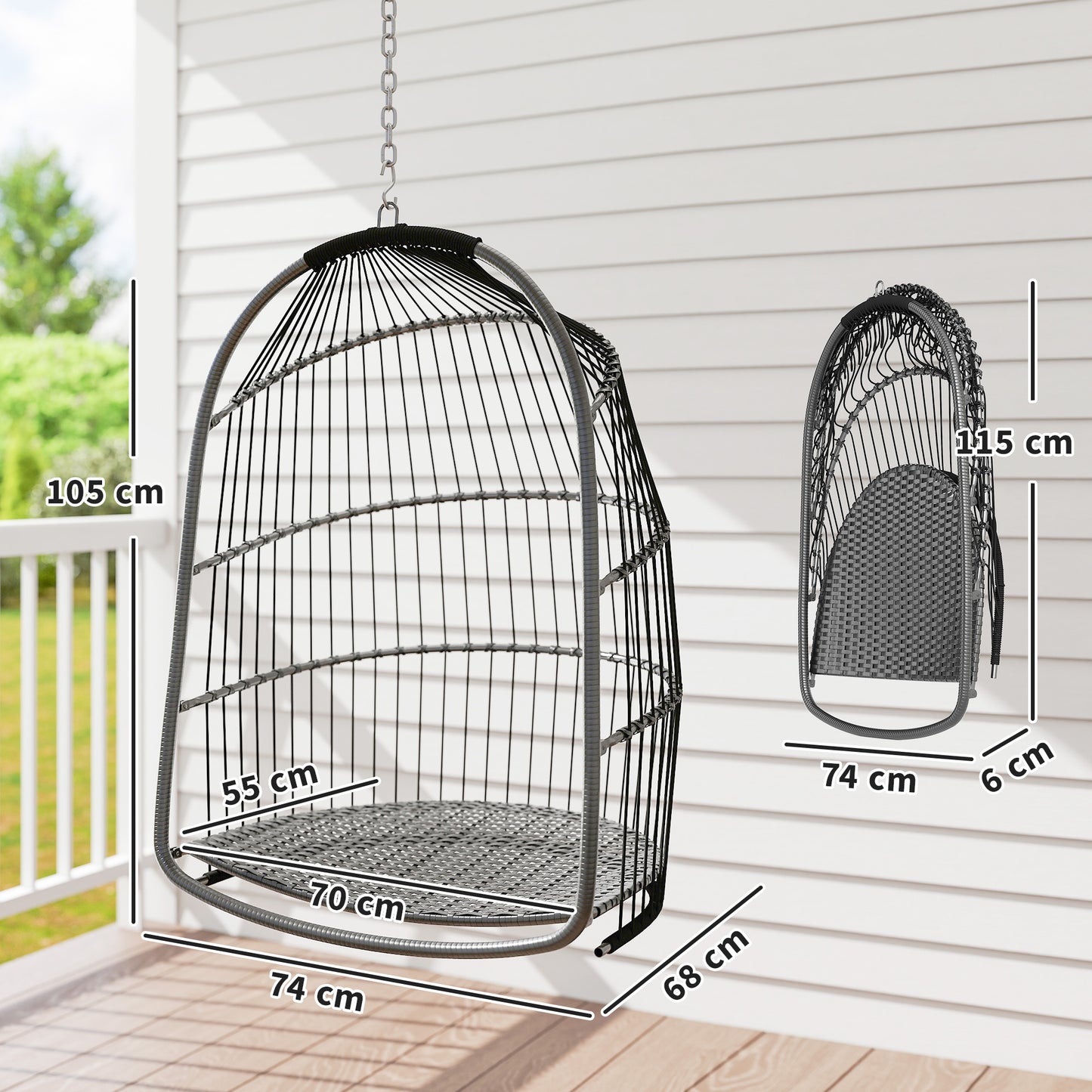 Outsunny Hanging Egg Chair With Foldable Rattan Garden Swing And Thickened Cushion For Indoor Outdoor Patio Dark Grey