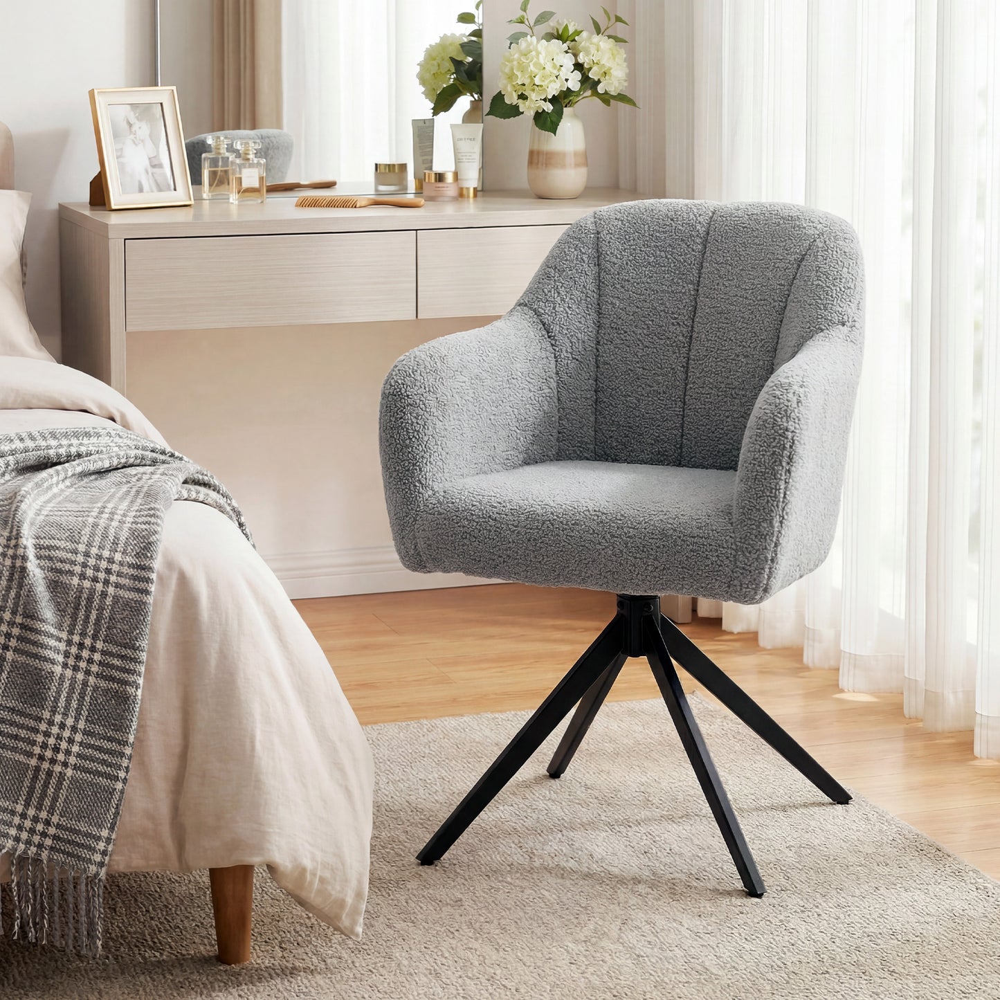 HOMCOM 360 Degree Swivel Accent Chair Snow Flannel Armchair Grey Premium Padded Foam Comfort For Reading