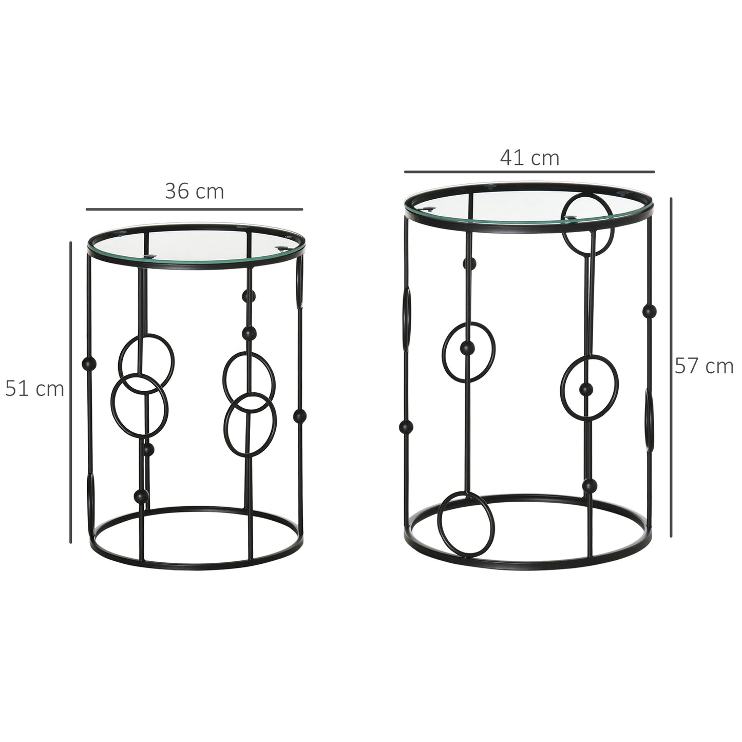 HOMCOM Nesting Round Coffee Tables Set Of 2 Black With Metal Hoop Frame And Tempered Glass Tops