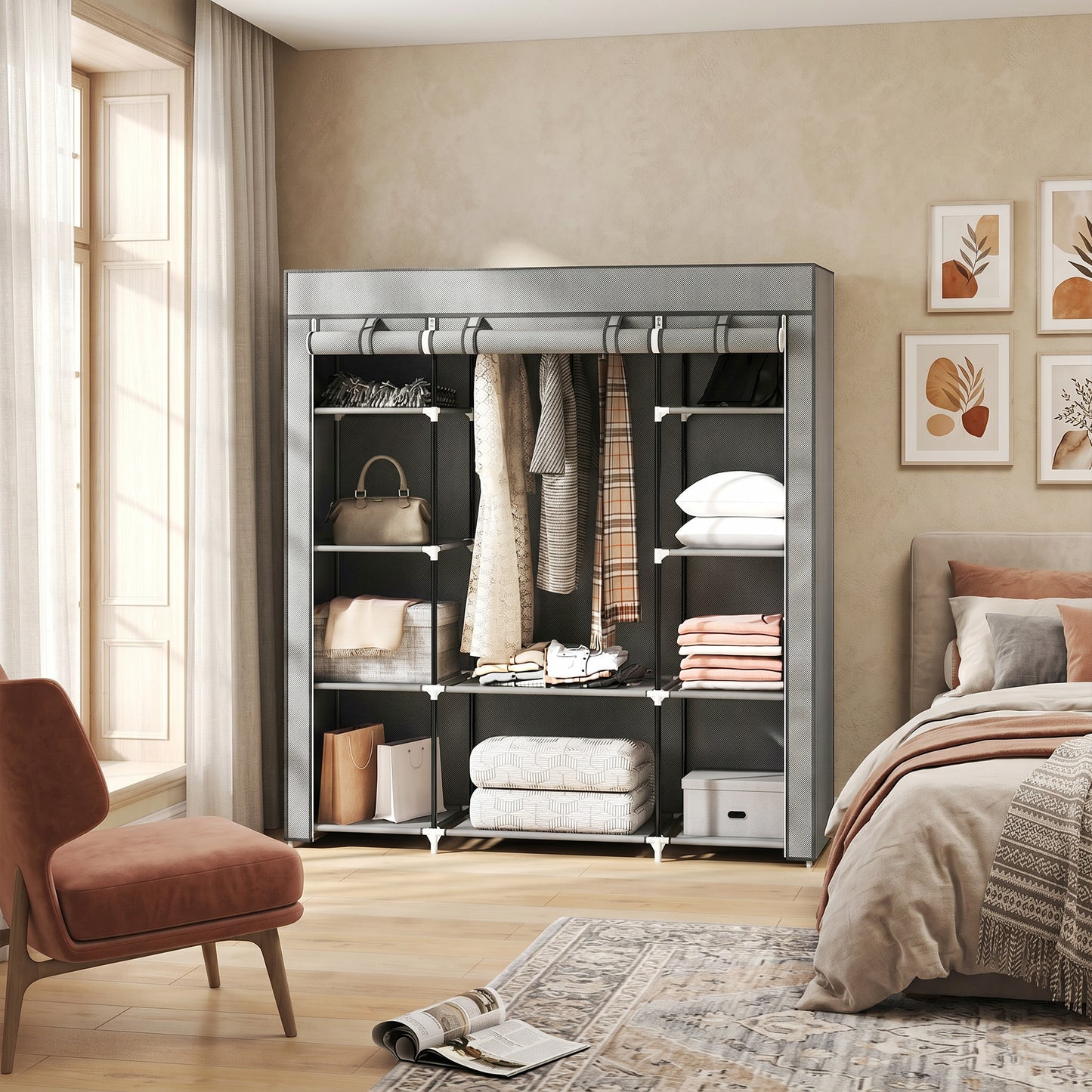 HOMCOM Clothes Storage Organiser With Hanging Rail And Shelves Portable Wardrobe Foldable Fabric Wardrobe Light Grey
