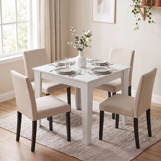 White square dining table with four beige upholstered chairs